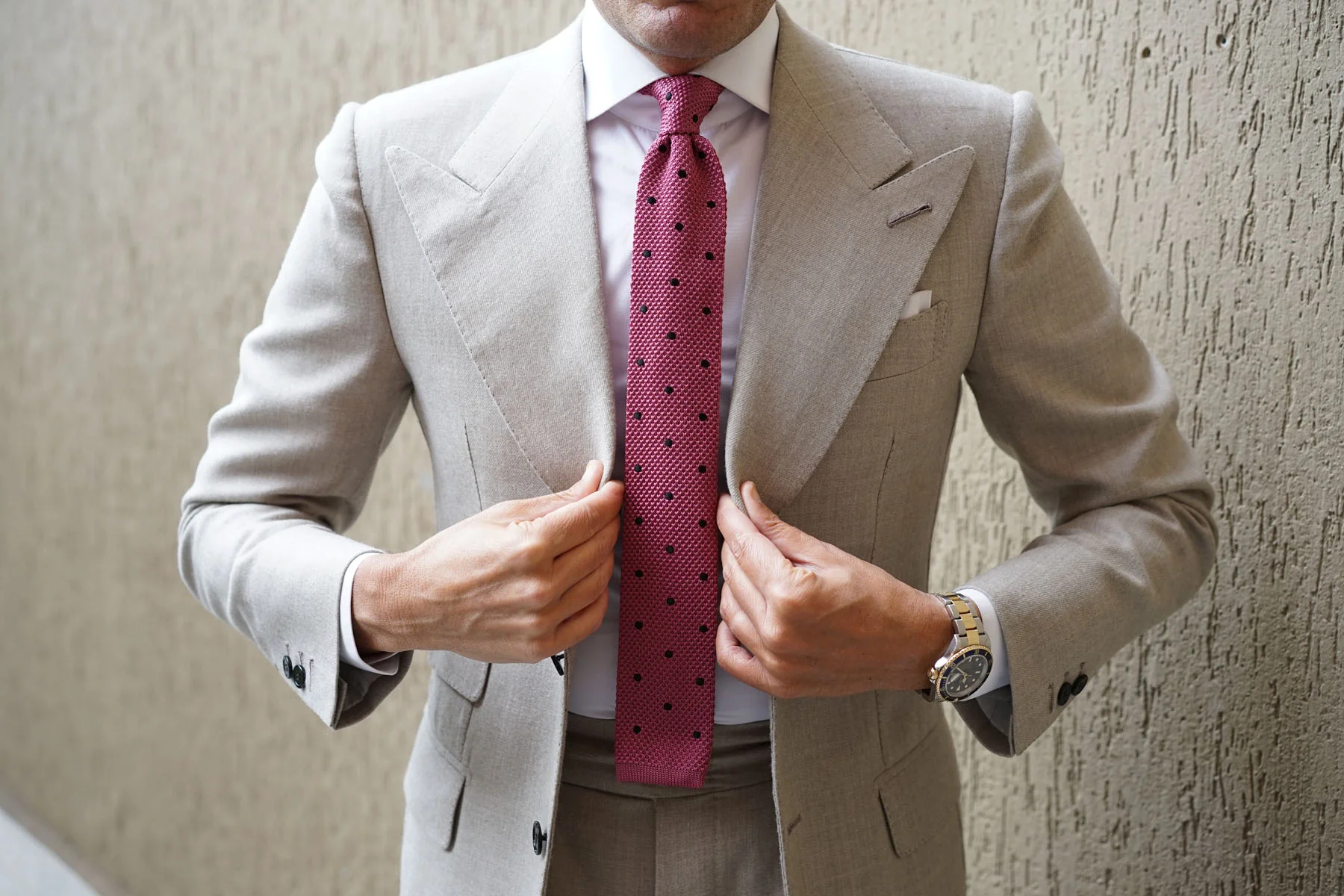 Rose Pink with Black Polkadots Knitted Tie - Image 6