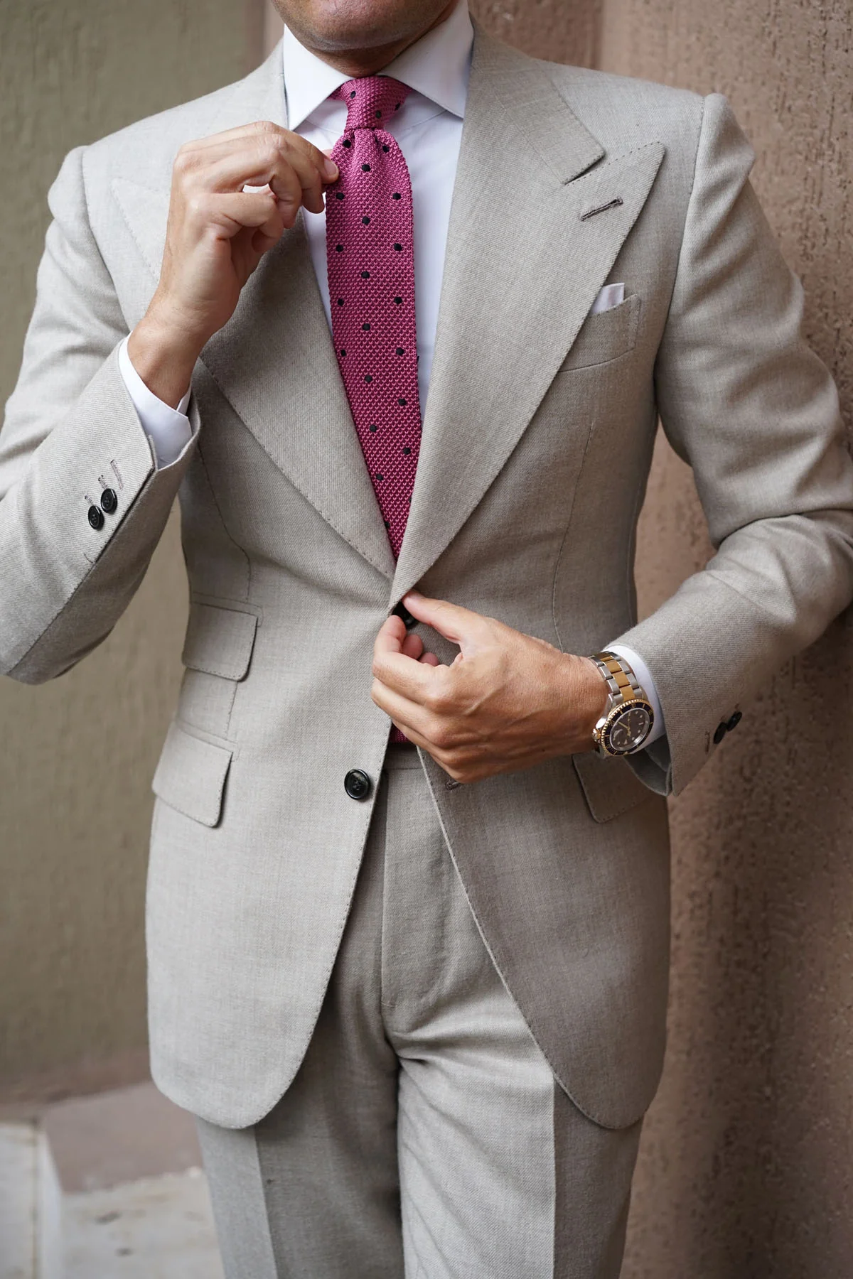 Rose Pink with Black Polkadots Knitted Tie - Image 8