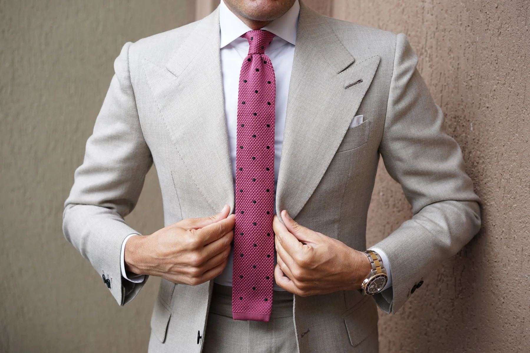 Rose Pink with Black Polkadots Knitted Tie - Image 9