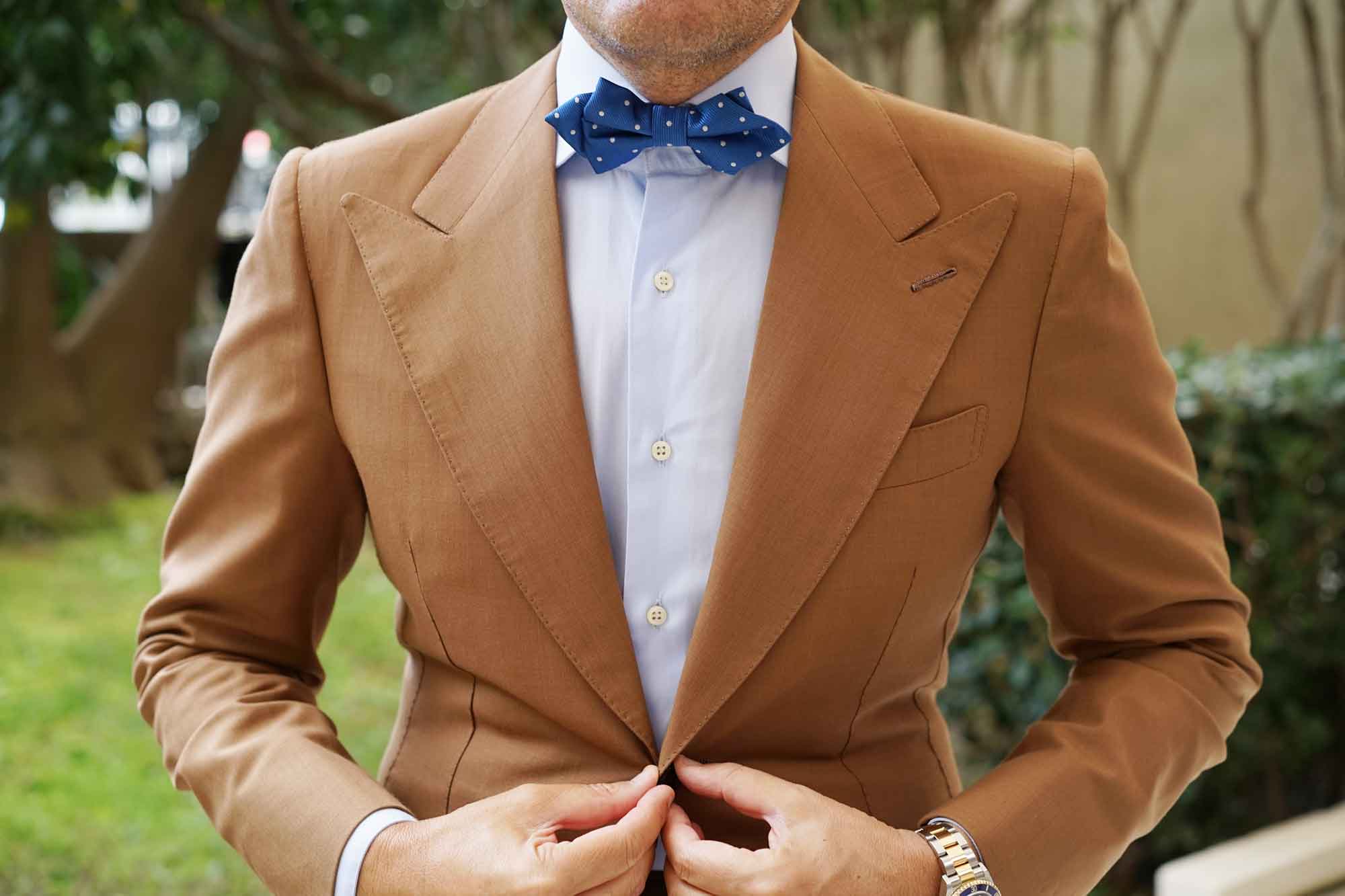 Royal Blue with White Polka Dots Diamond Bow Tie - Image 3