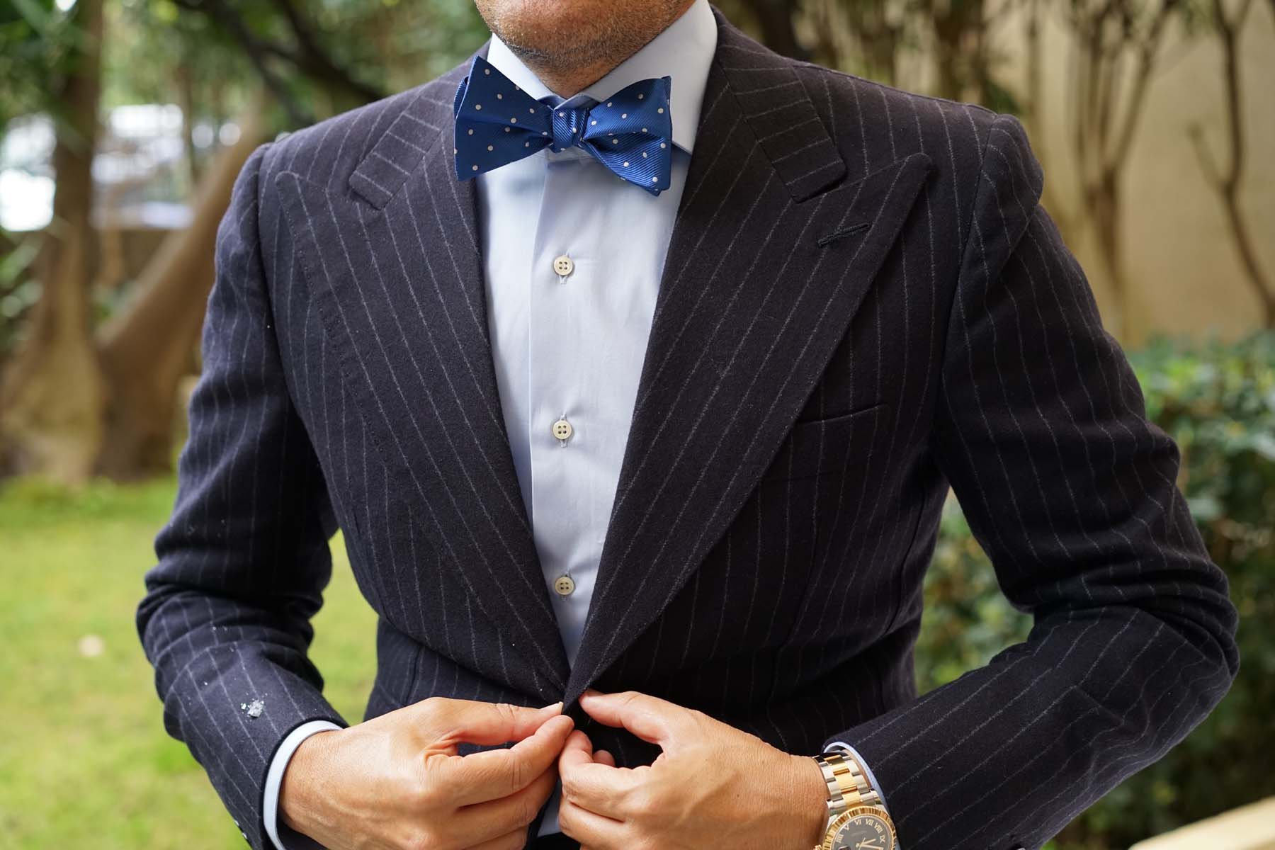 Royal Blue with White Polka Dots Self Tie Bow Tie - Image 5