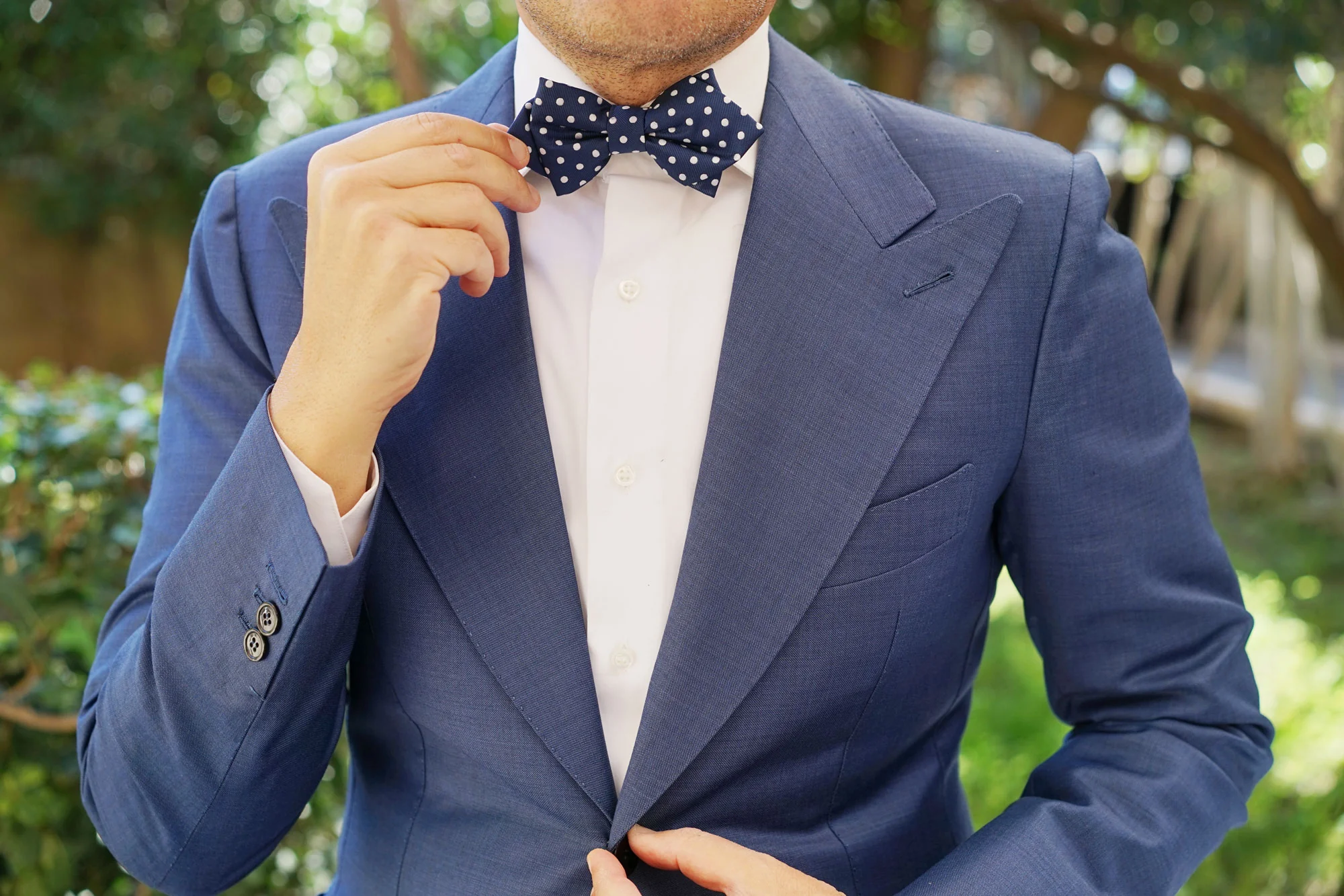 Royal Navy Blue Polka Dots Diamond Bow Tie - Image 6