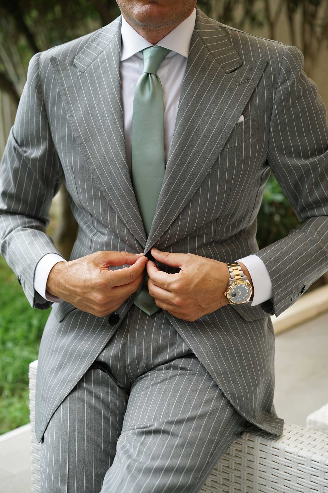 Sage Green Satin Skinny Tie - Image 7