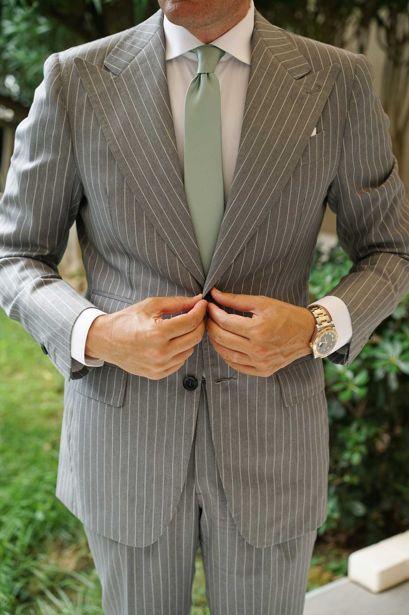 Sage Green Twill Skinny Tie - Image 10