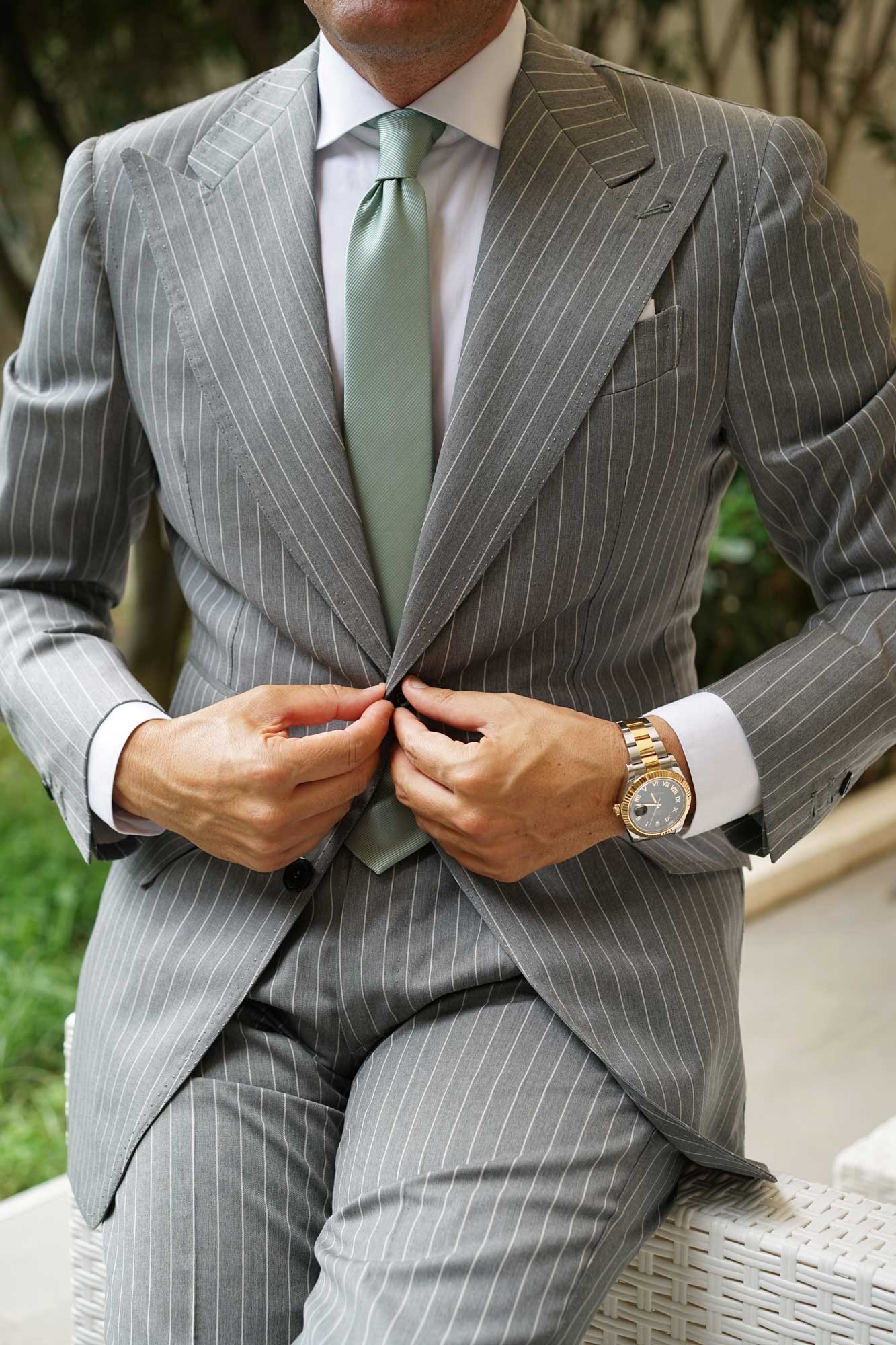 Sage Green Twill Skinny Tie - Image 7