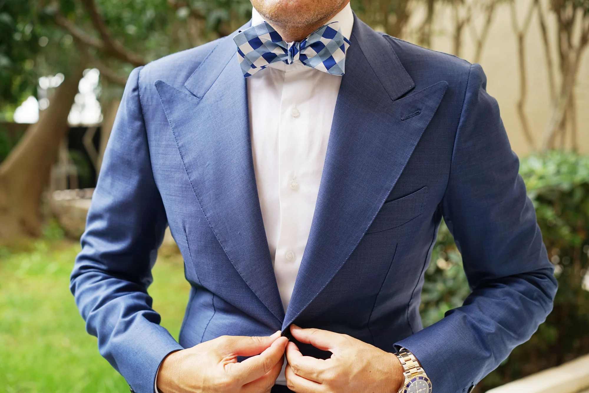 Sea and Light Blue White Checkered Self Tie Diamond Tip Bow Tie - Image 6