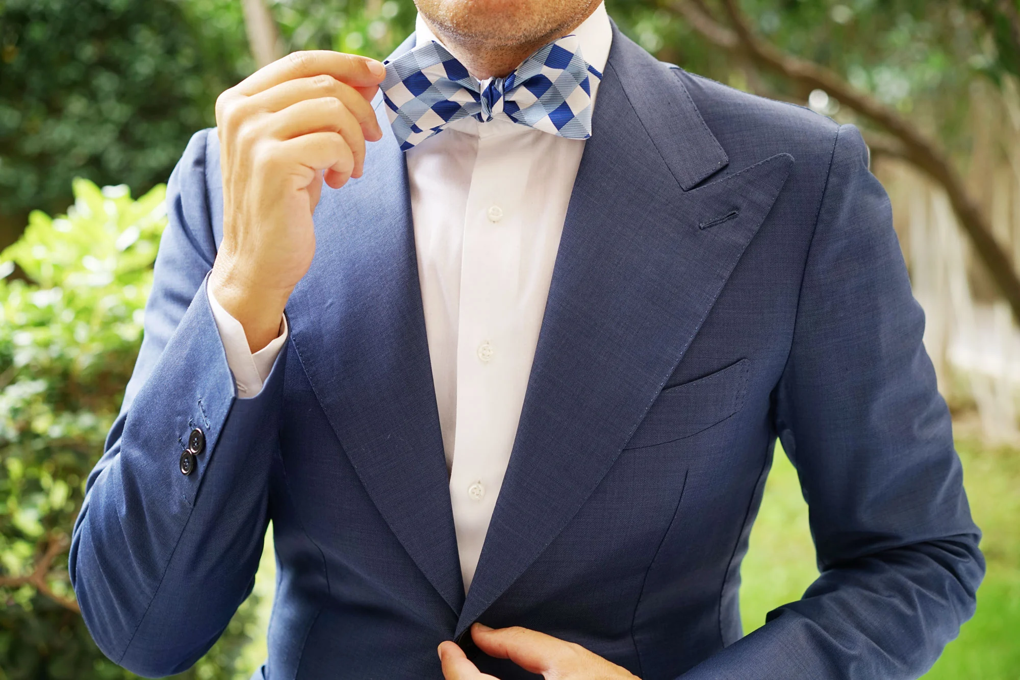Sea and Light Blue White Checkered Self Tie Diamond Tip Bow Tie - Image 8