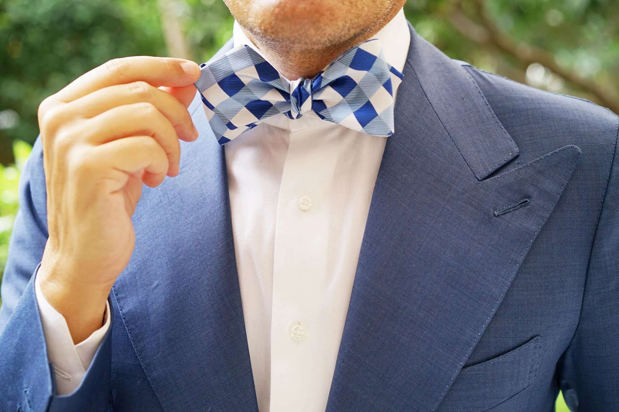Sea and Light Blue White Checkered Self Tie Diamond Tip Bow Tie - Image 9