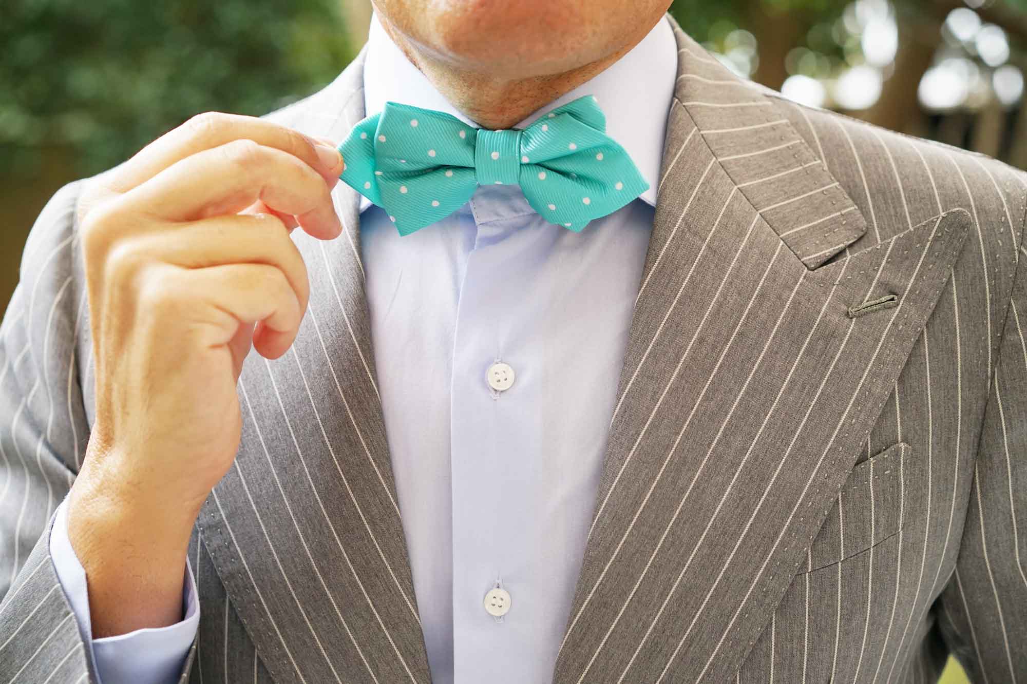 Seafoam Green with White Polka Dots Diamond Bow Tie - Image 10
