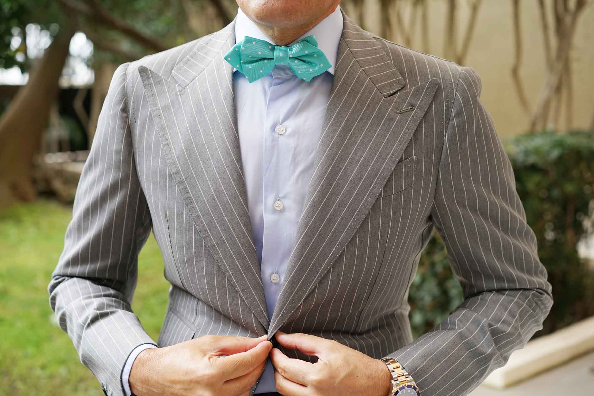 Seafoam Green with White Polka Dots Diamond Bow Tie - Image 6