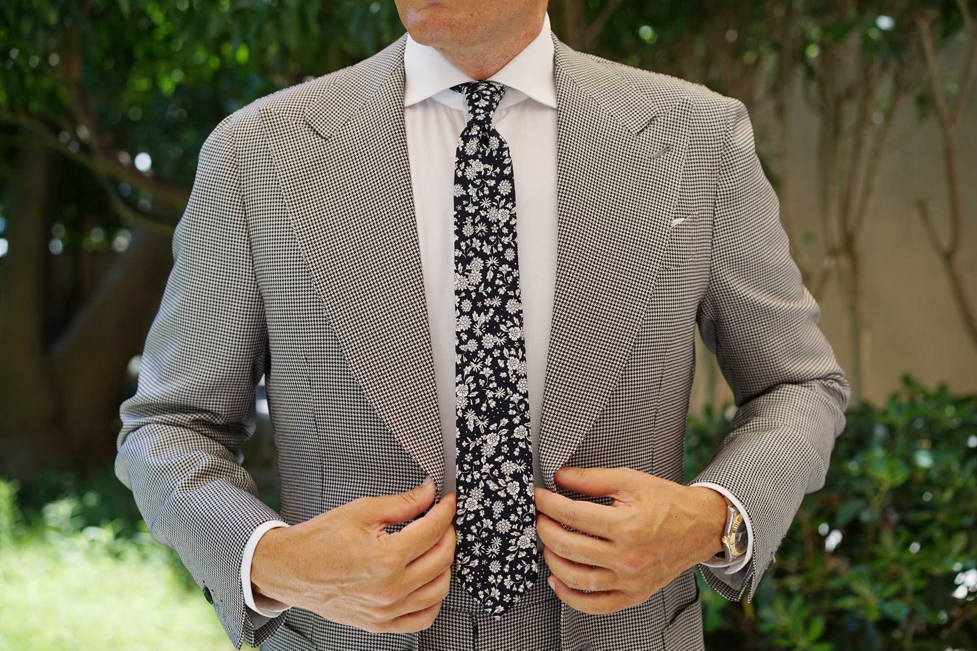 Seoul Forest Dark Navy Floral Skinny Tie - Image 4