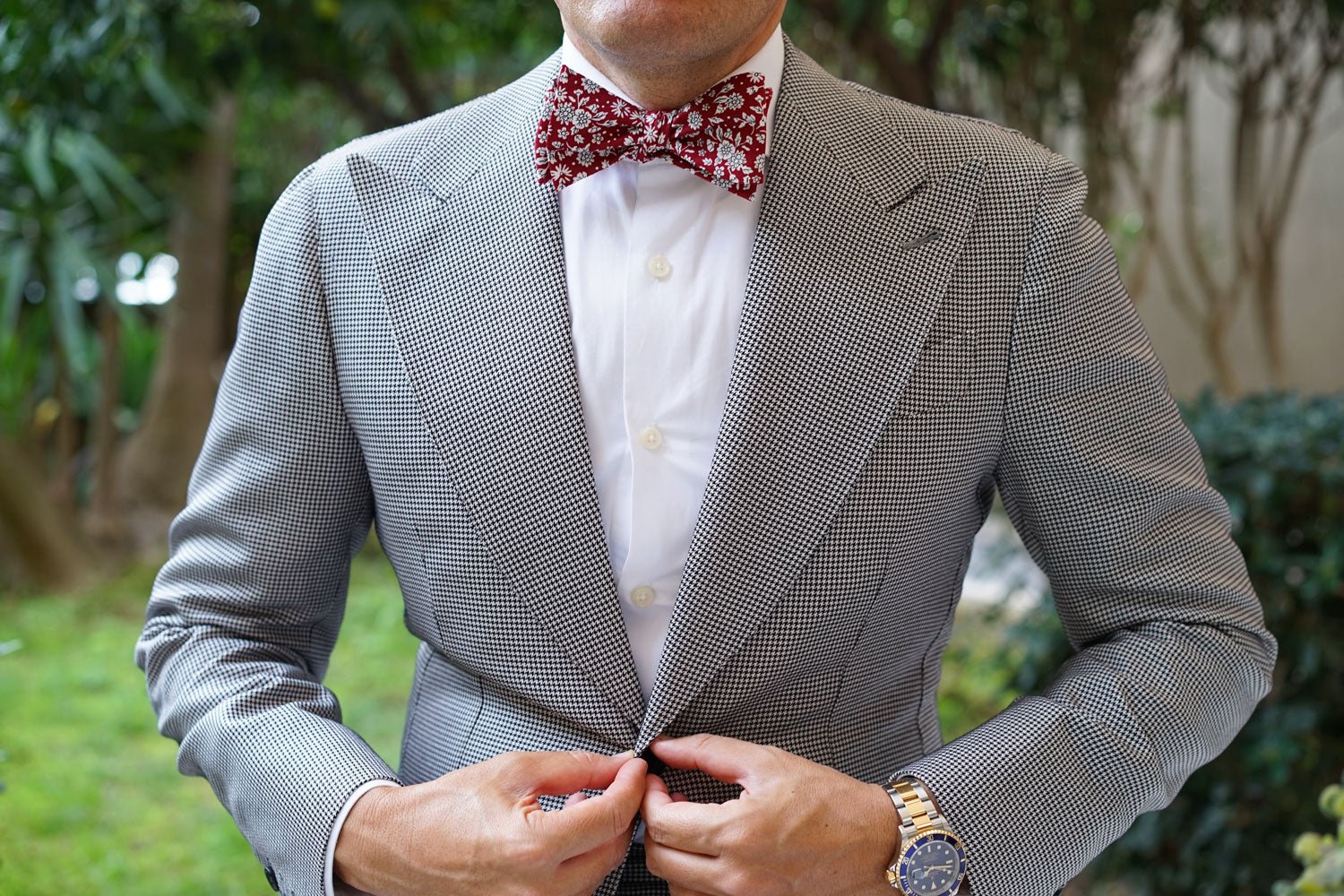 Shizuoka Merlot Red Floral Self Bow Tie - Image 4