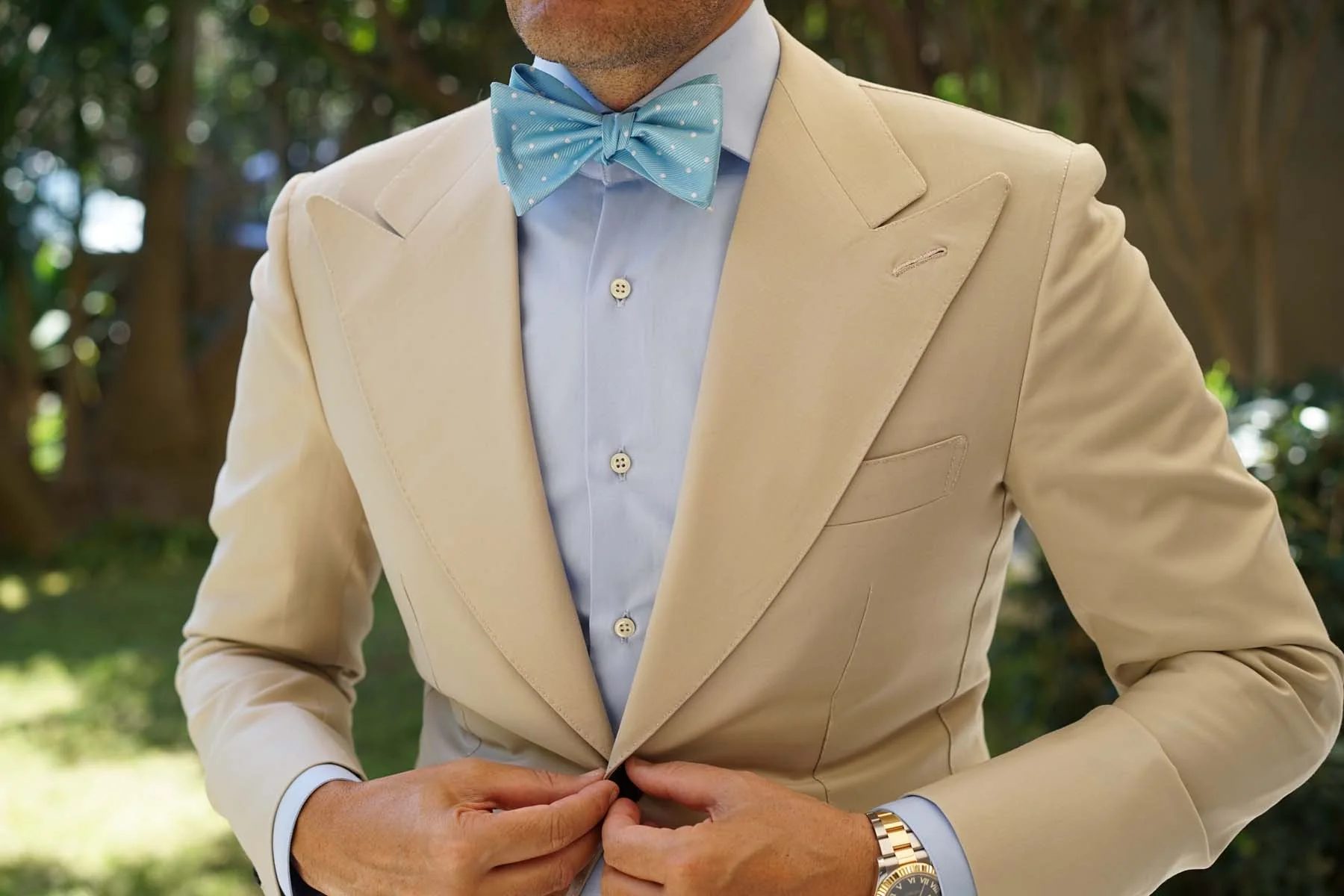 Sky Blue with White Polka Dots Self Tie Bow Tie - Image 5