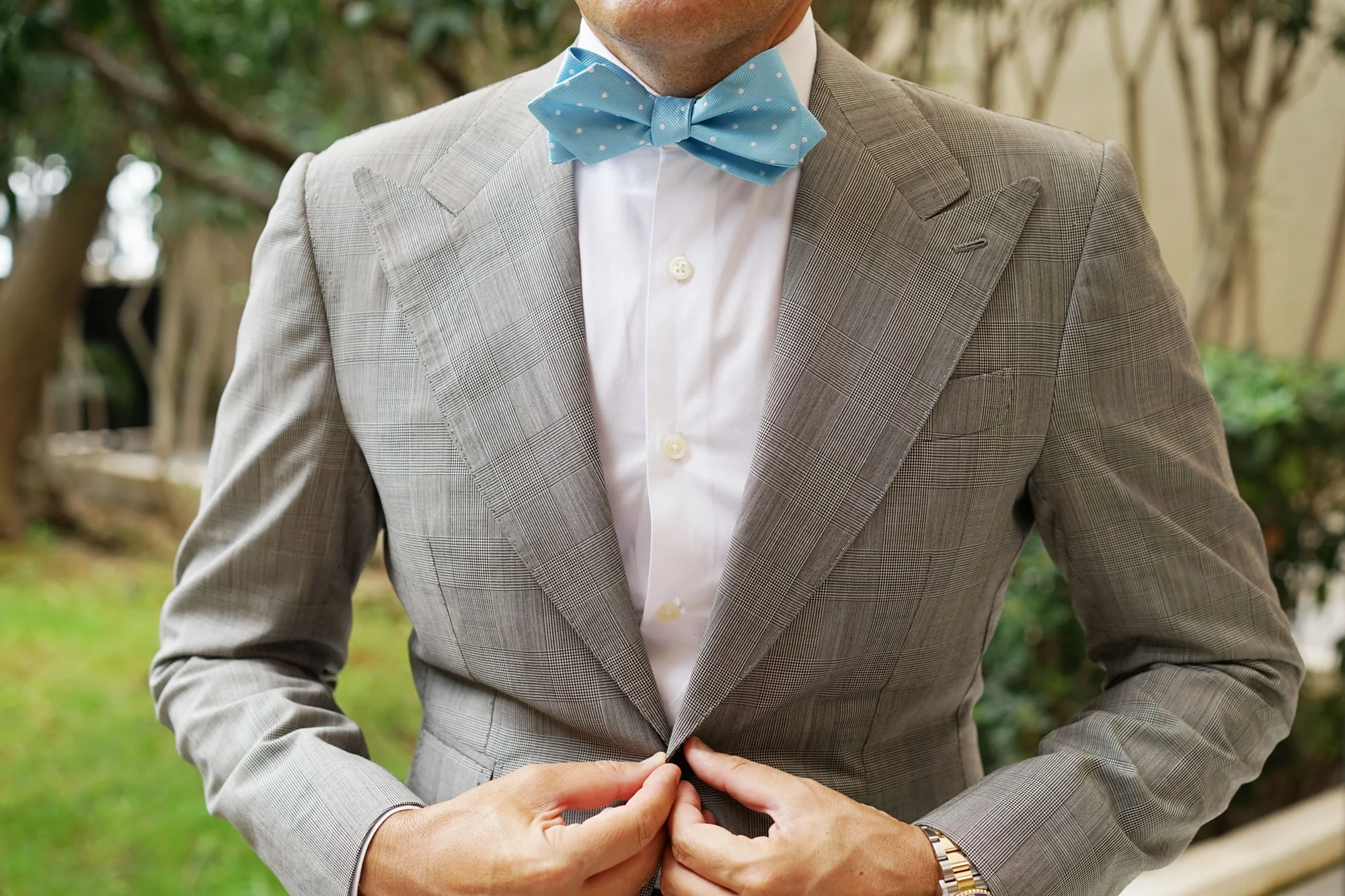 Sky Blue with White Polka Dots Self Tie Diamond Tip Bow Tie - Image 6