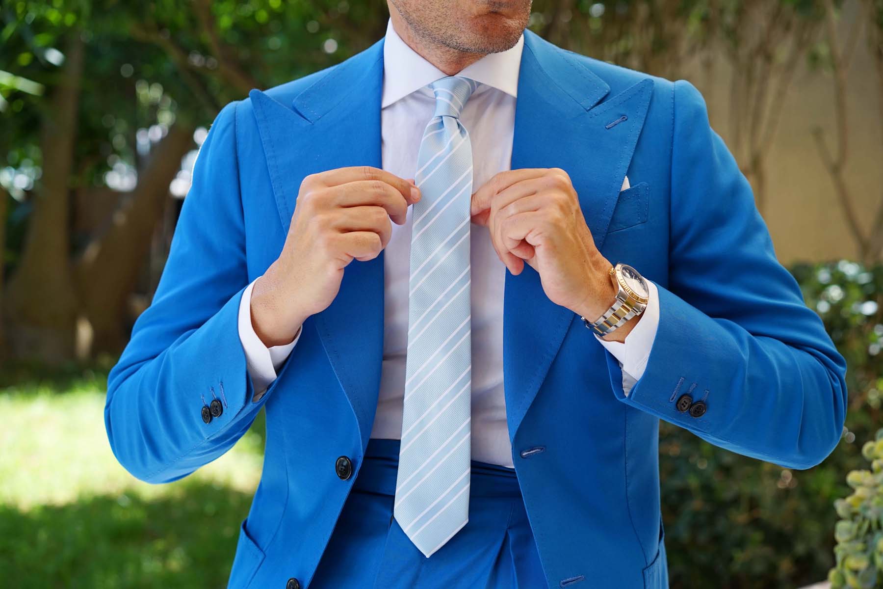 Sky Light Blue Double Stripe Skinny Tie - Image 6