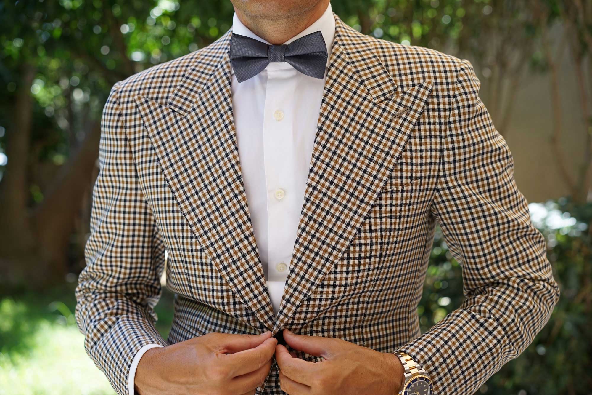Slate Grey Charcoal Basket Weave Bow Tie - Image 3