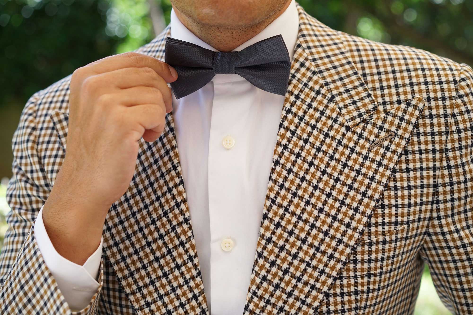 Slate Grey Charcoal Basket Weave Bow Tie - Image 6