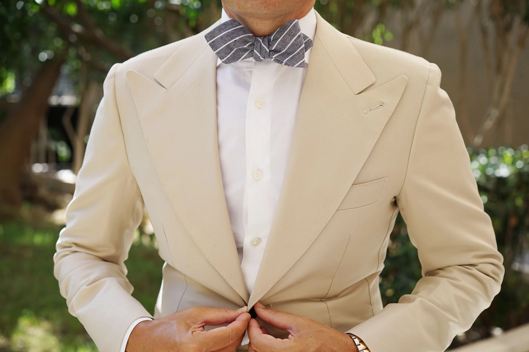 Starry Night Blue Pinstripe Linen Diamond Self Bow Tie - Image 4