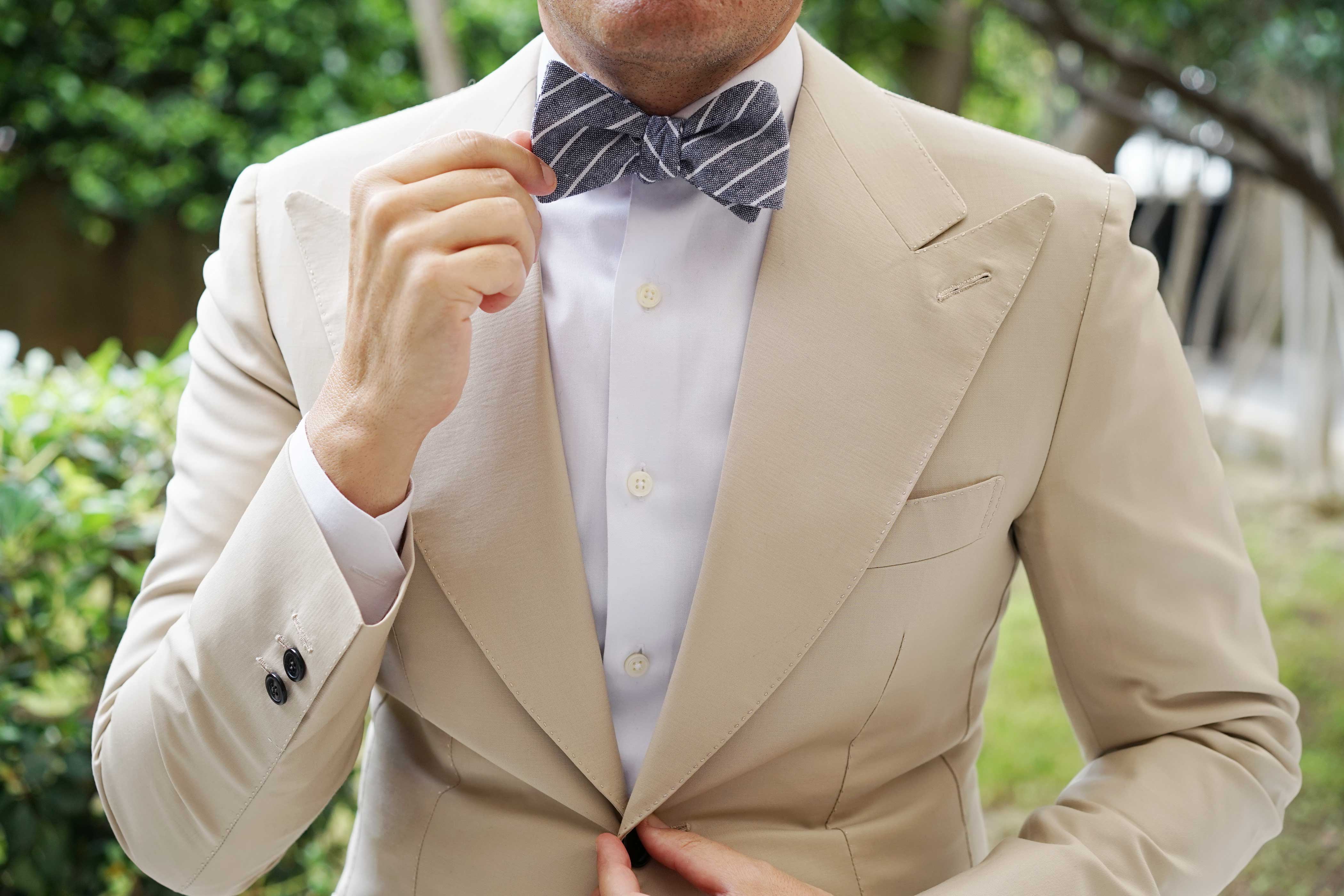 Starry Night Blue Pinstripe Linen Self Bow Tie - Image 4
