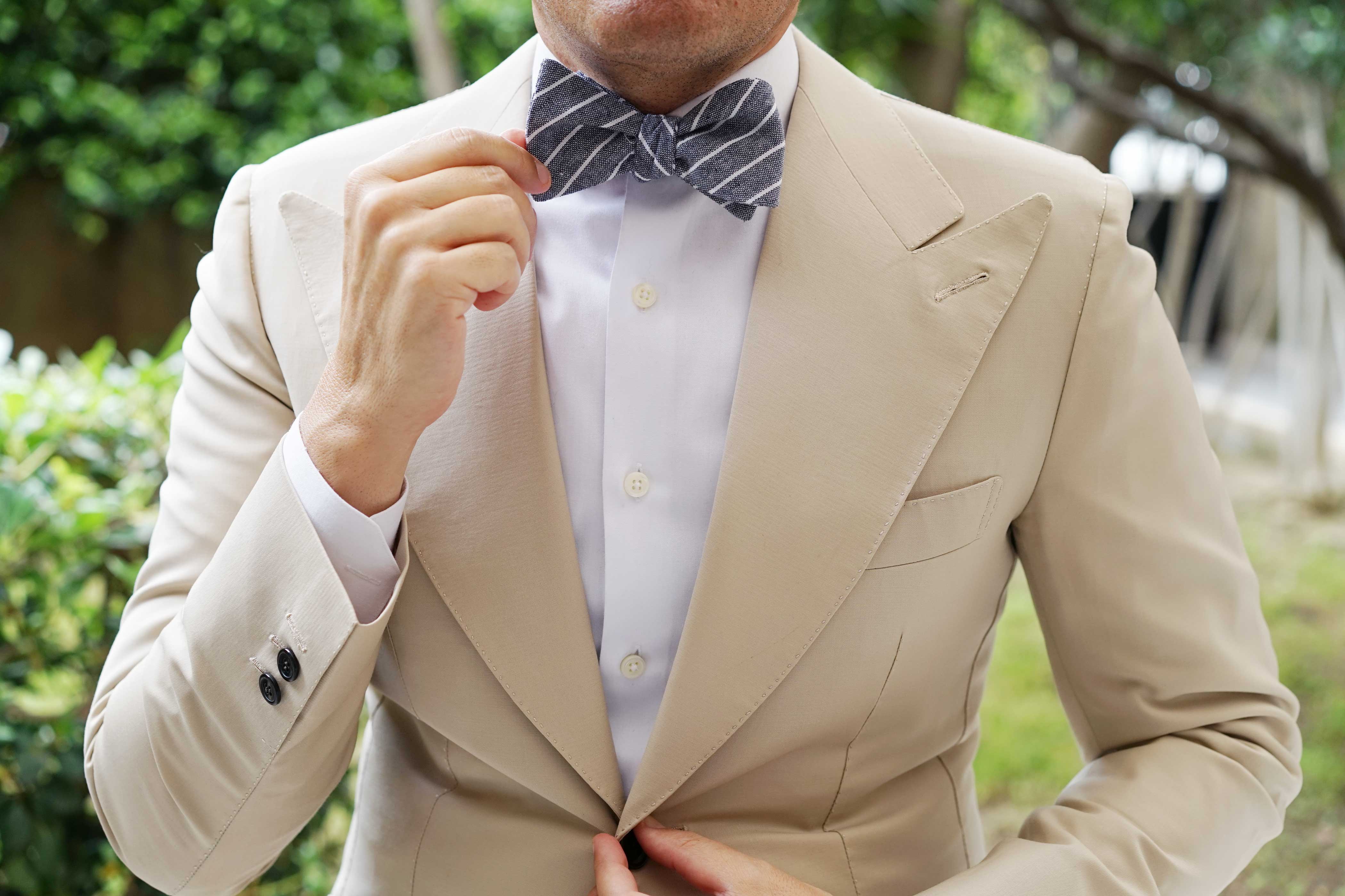 Starry Night Blue Pinstripe Linen Self Bow Tie - Image 7