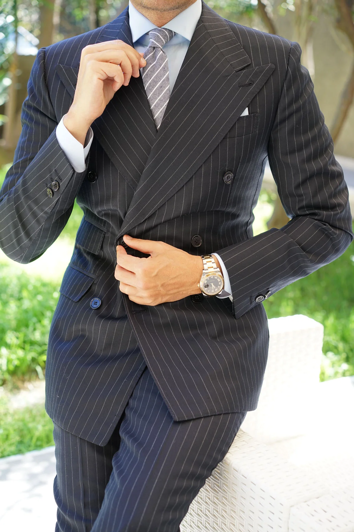 Starry Night Blue Pinstripe Linen Skinny Tie - Image 5