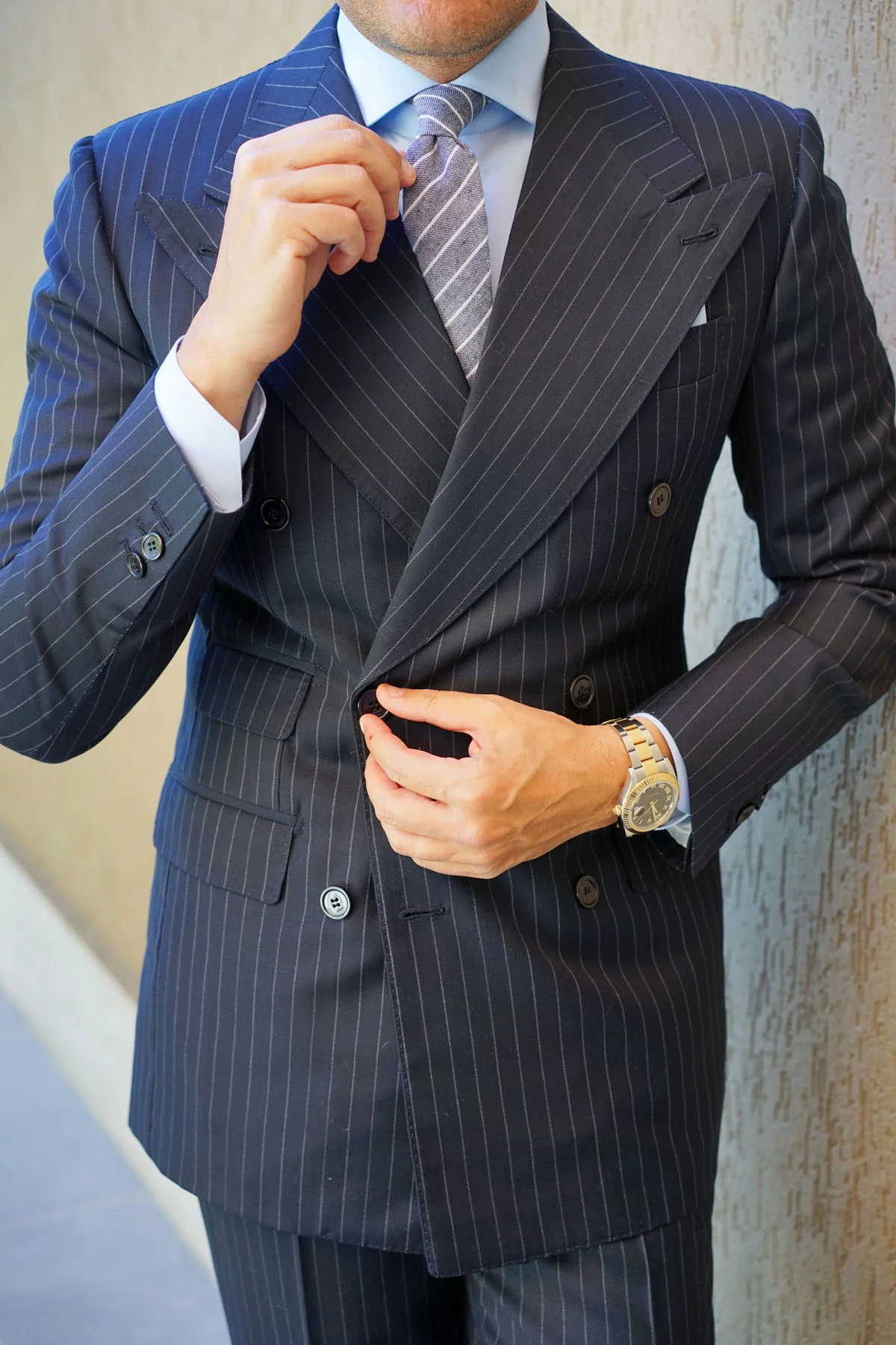 Starry Night Blue Pinstripe Linen Skinny Tie - Image 7