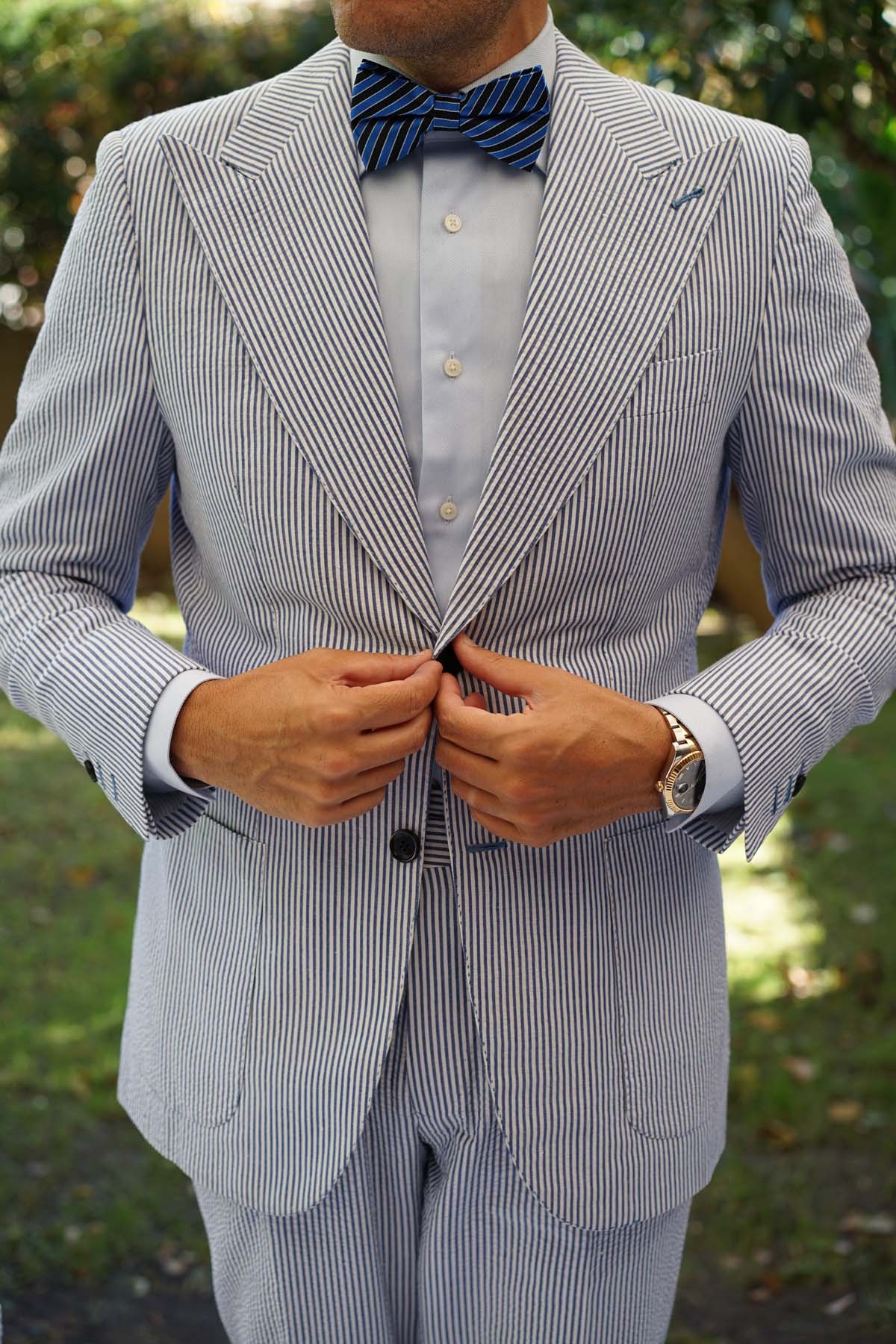 Striped Blue Black Bow Tie - Image 4