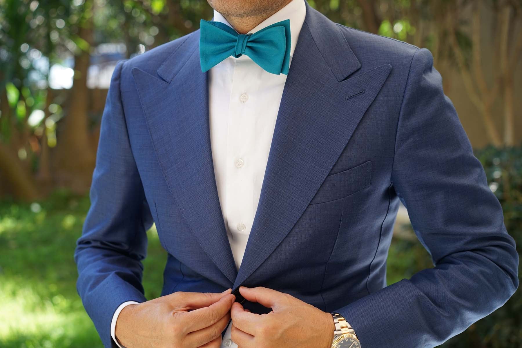 Teal Slub Linen Self Tie Bow Tie - Image 6