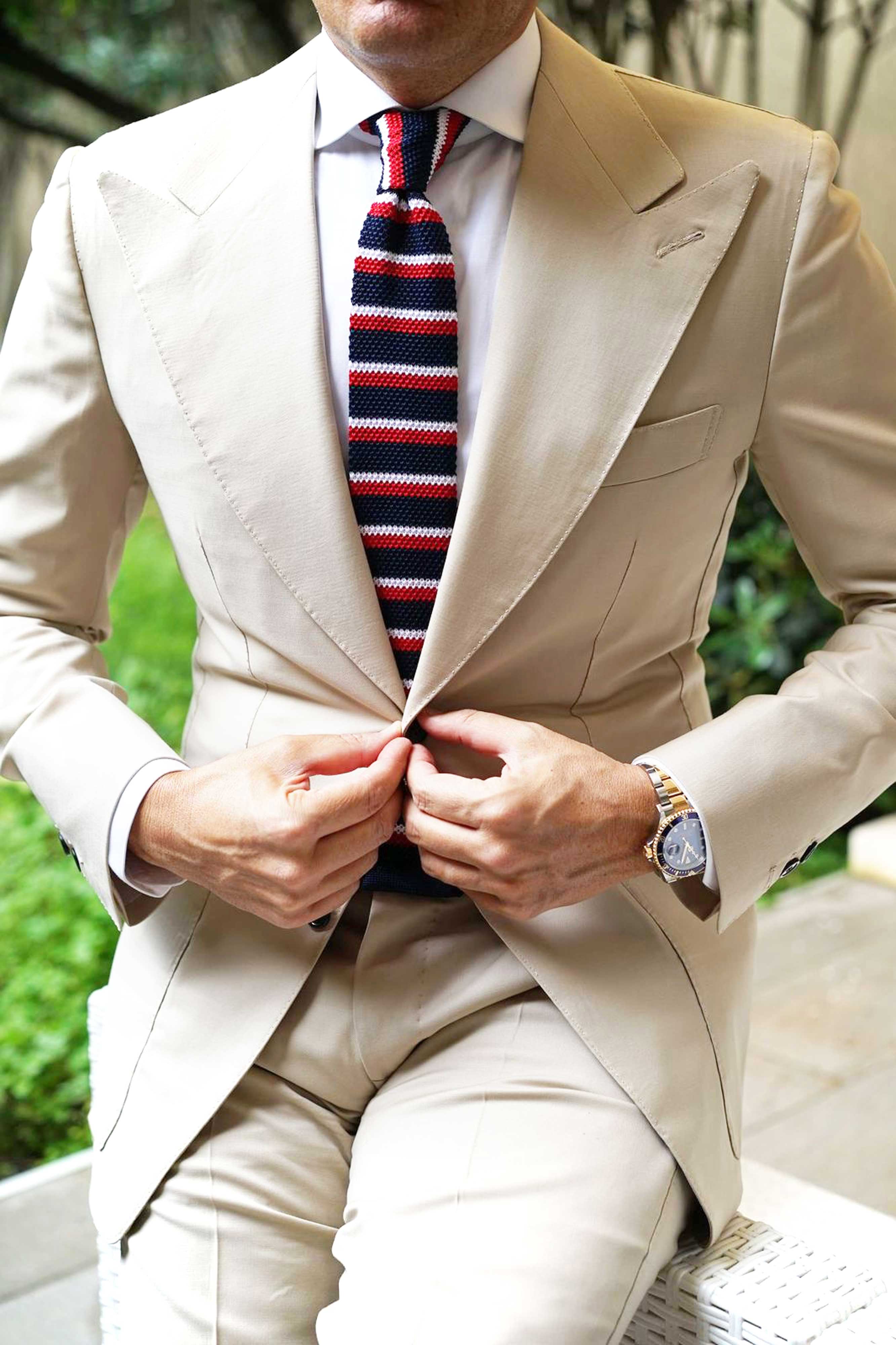 The Navy Blue American Knitted Tie with Red & White Stripes - Image 7