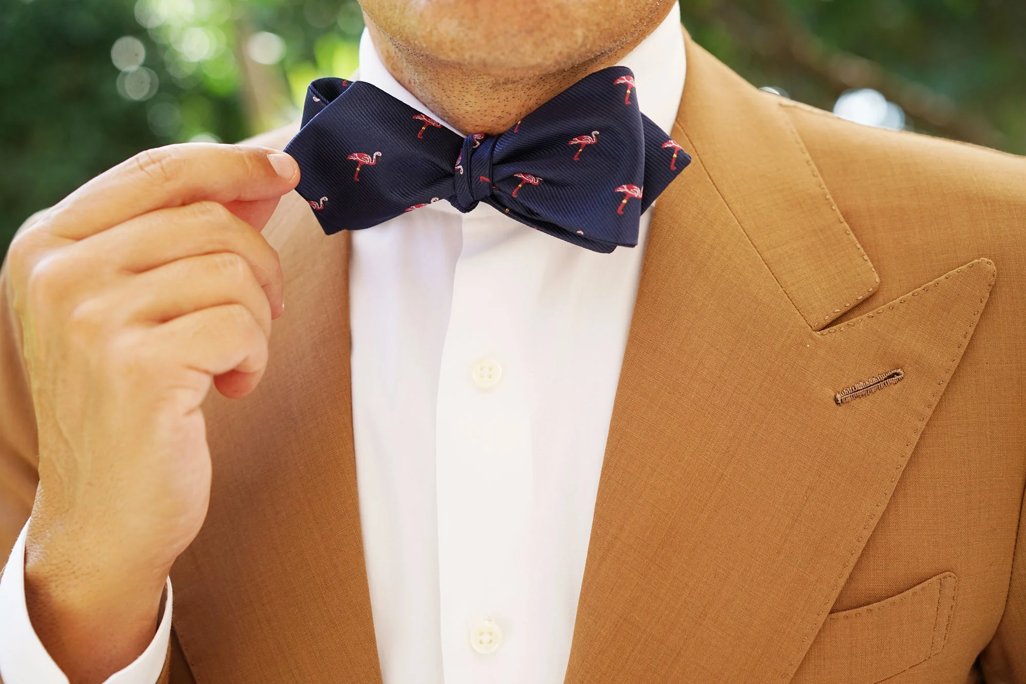 The Navy Blue Pink Flamingo Self Tie Diamond Tip Bow Tie - Image 10