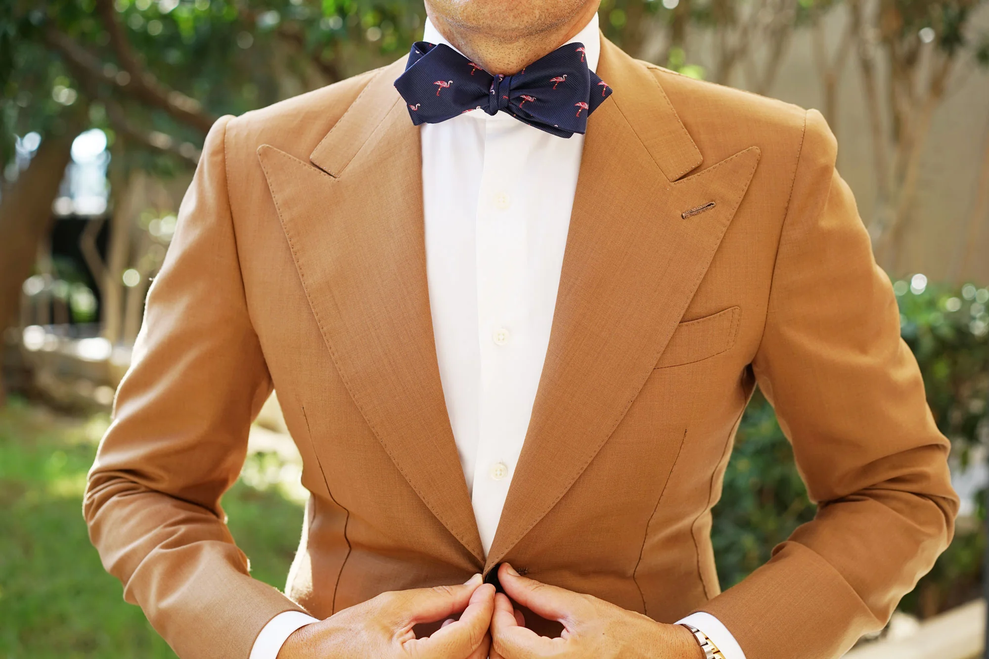 The Navy Blue Pink Flamingo Self Tie Diamond Tip Bow Tie - Image 6