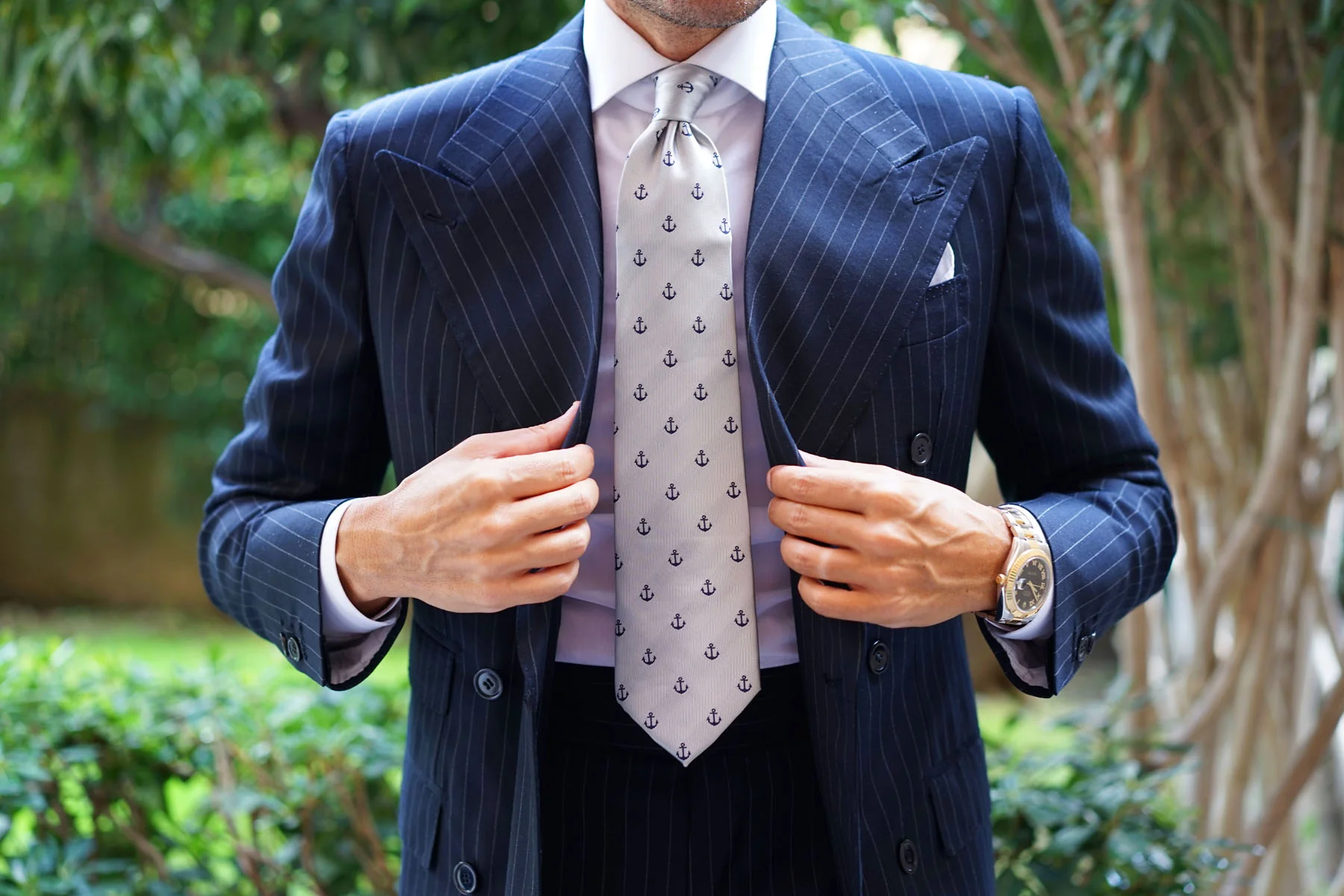 The OTAA Light Grey with Navy Blue Anchors Necktie - Image 9