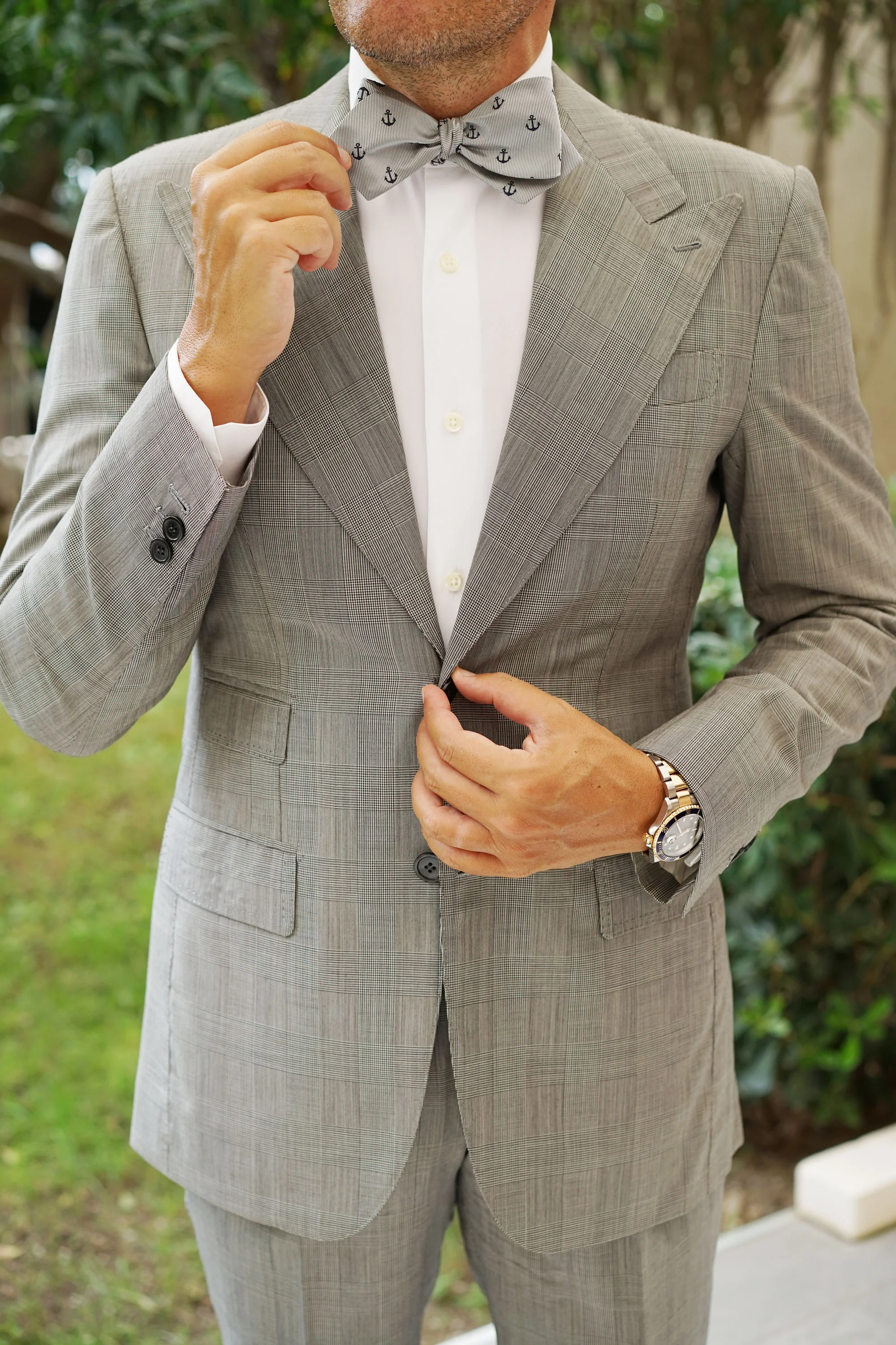 The OTAA Light Grey with Navy Blue Anchors Self Tie Diamond Tip Bow Tie - Image 7