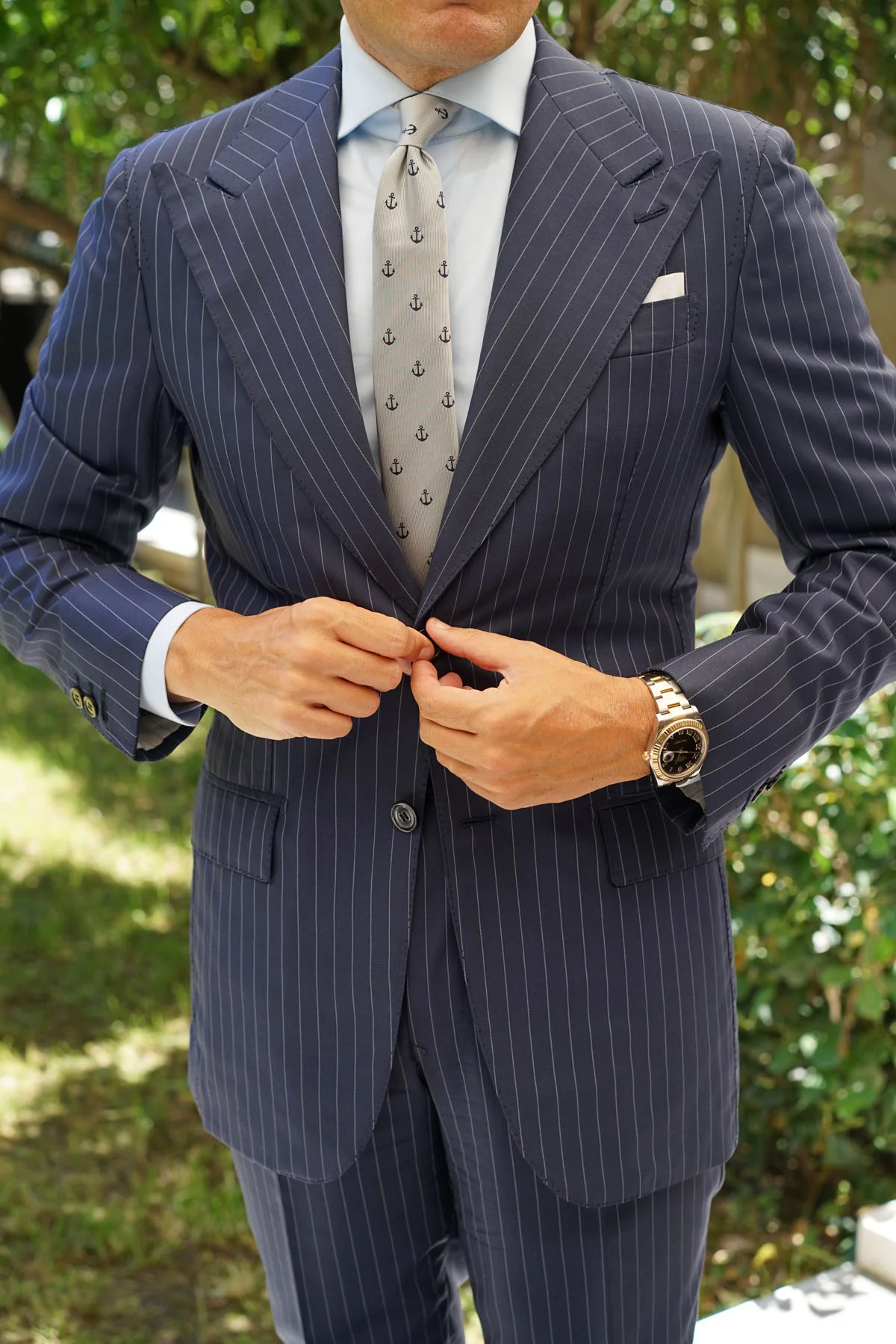 The OTAA Light Grey with Navy Blue Anchors Skinny Tie - Image 10