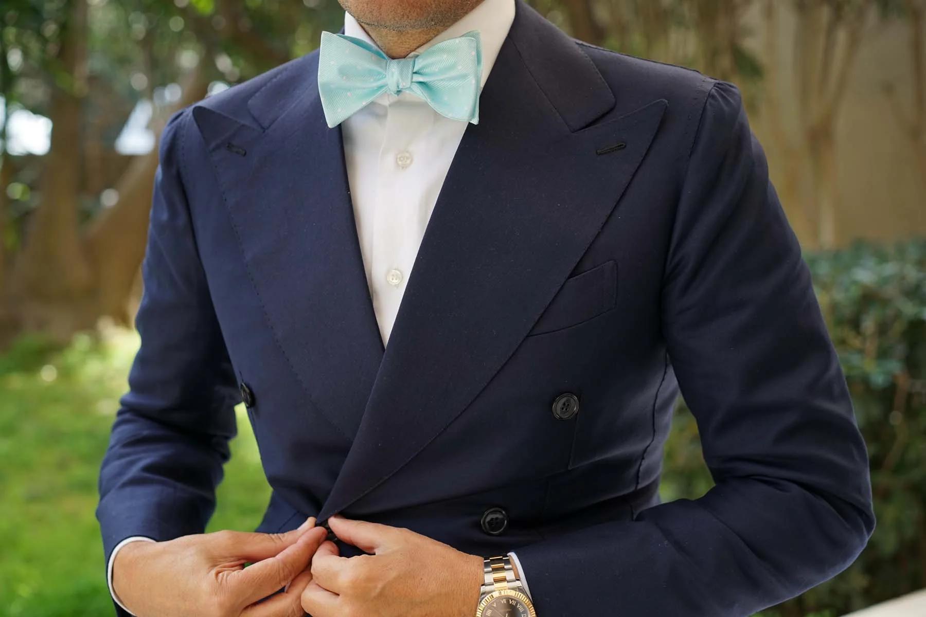 The OTAA Mint Blue with White Polka Dots Self Tie Bow Tie - Image 6