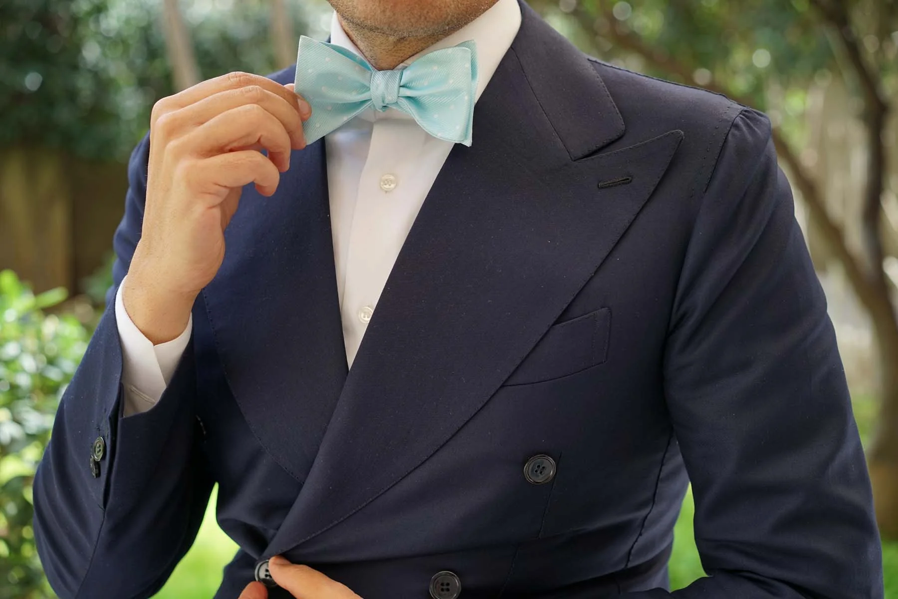 The OTAA Mint Blue with White Polka Dots Self Tie Bow Tie - Image 8