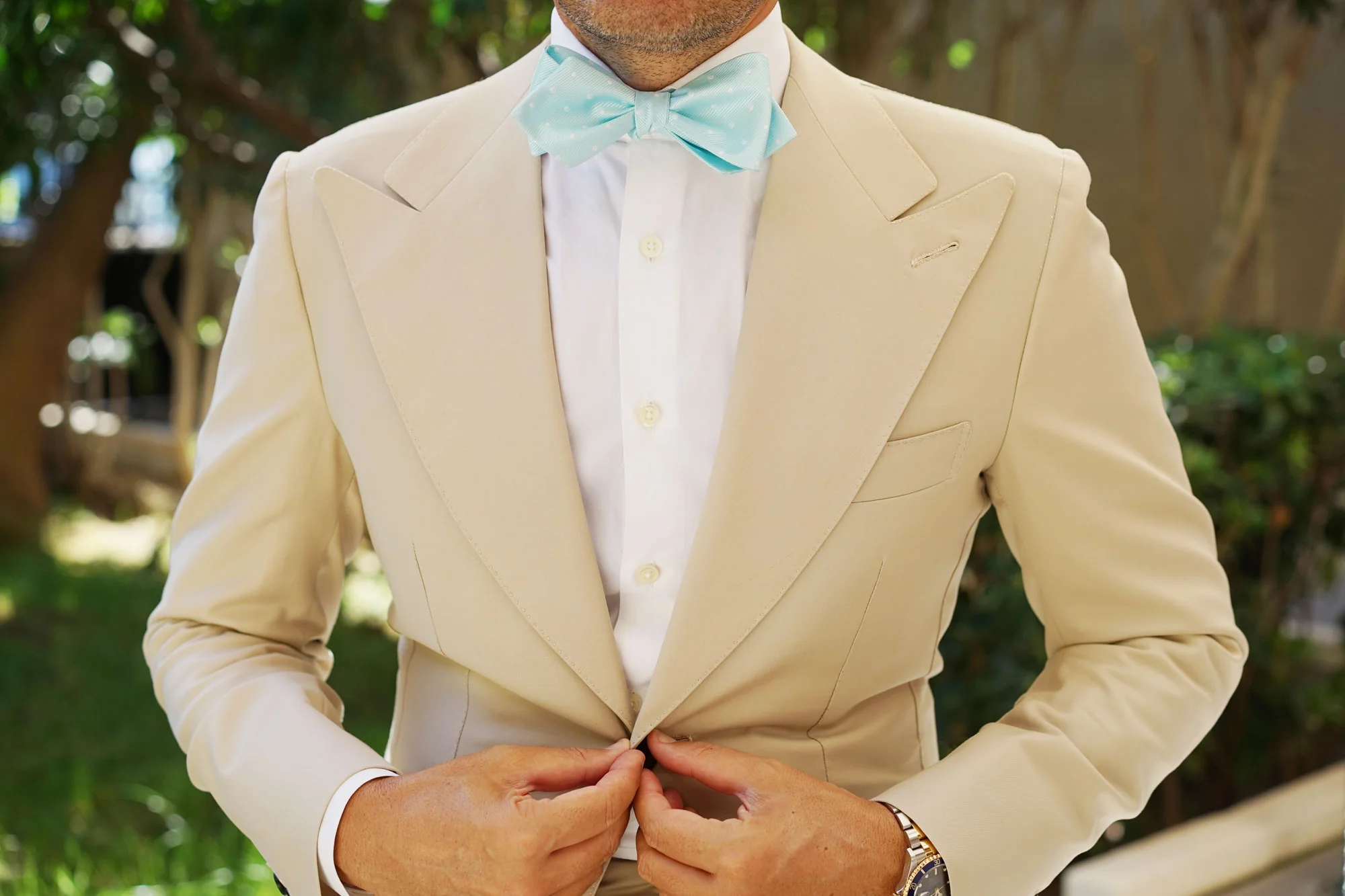 The OTAA Mint Blue with White Polka Dots Self Tie Diamond Tip Bow Tie - Image 6