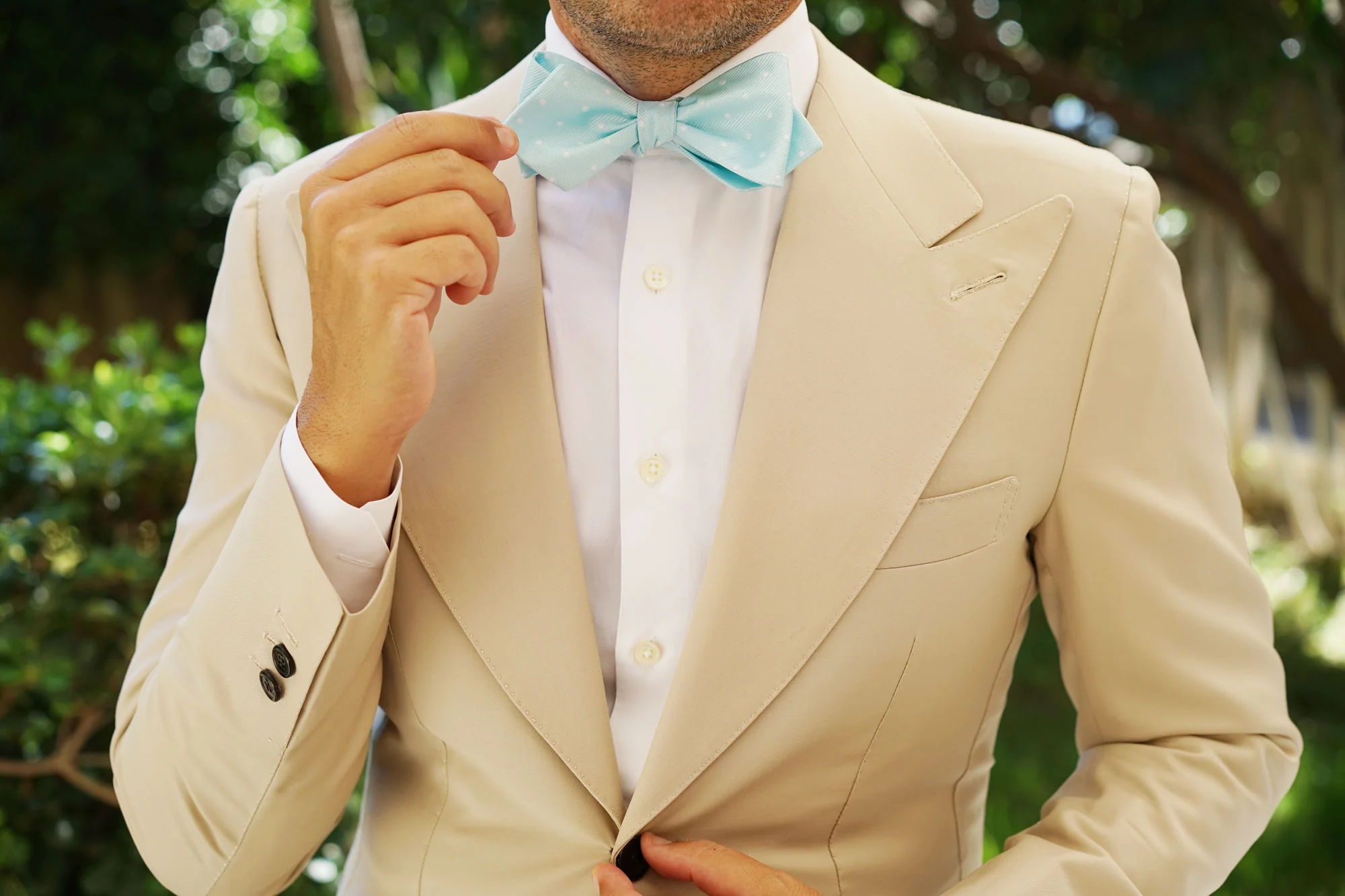 The OTAA Mint Blue with White Polka Dots Self Tie Diamond Tip Bow Tie - Image 8