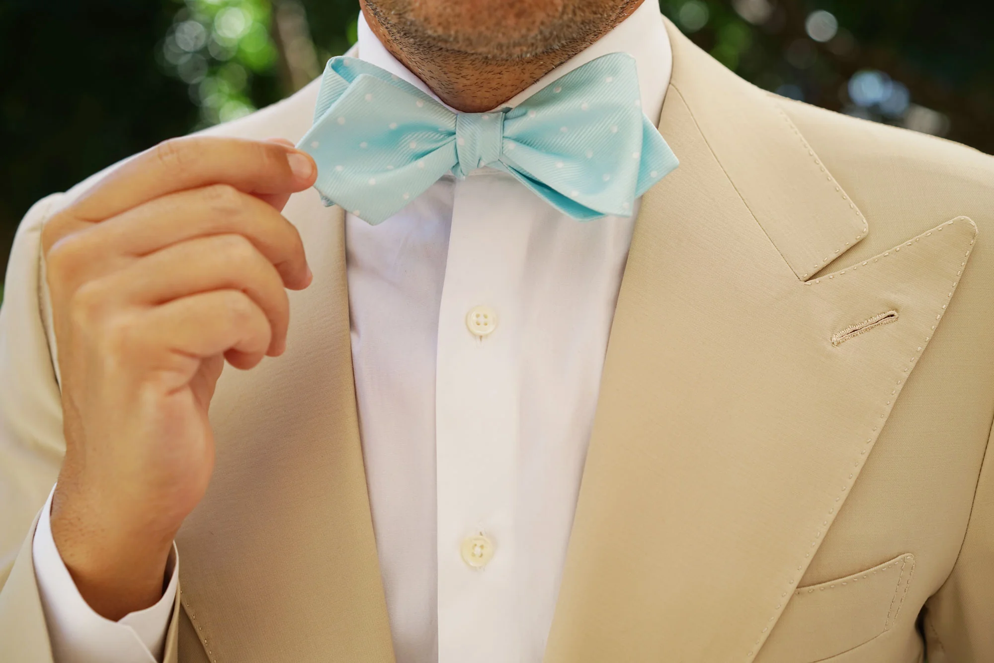 The OTAA Mint Blue with White Polka Dots Self Tie Diamond Tip Bow Tie - Image 9