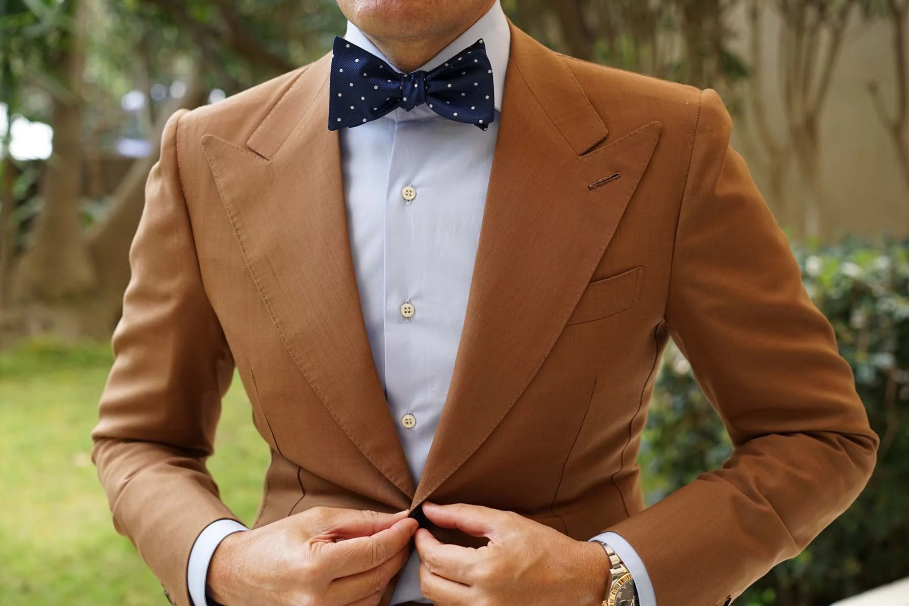 The OTAA Navy Blue with White Polka Dots Self Tie Bow Tie - Image 5