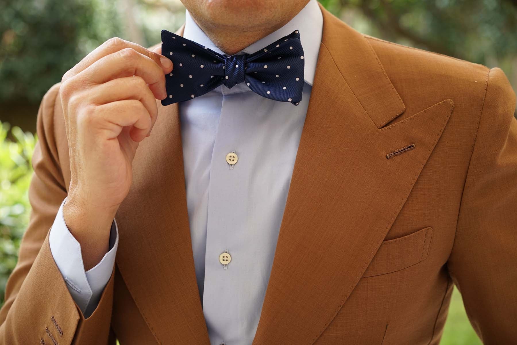 The OTAA Navy Blue with White Polka Dots Self Tie Bow Tie - Image 7