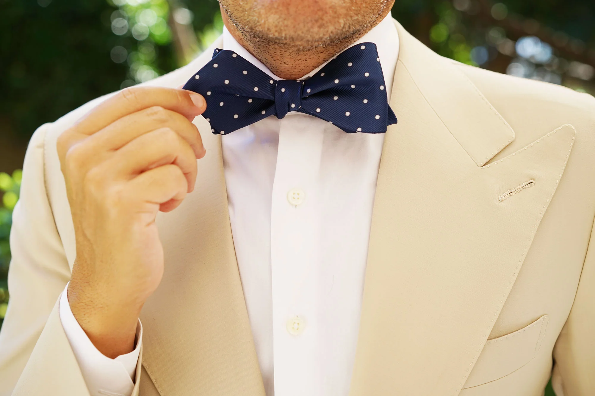 The OTAA Navy Blue with White Polka Dots Self Tie Diamond Tip Bow Tie - Image 11