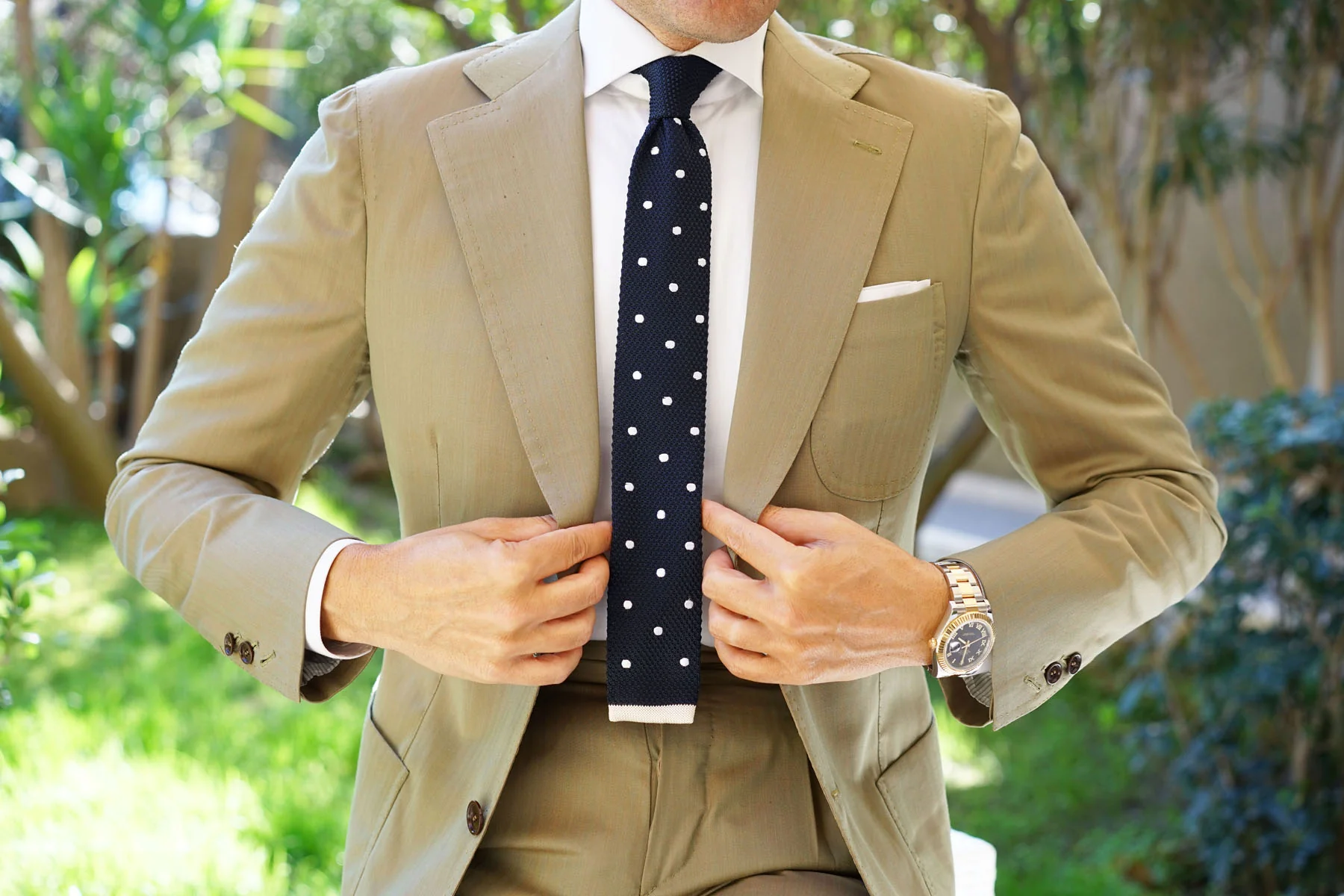 The Sailor Navy Blue Knitted Tie with White Polka Dots - Image 3