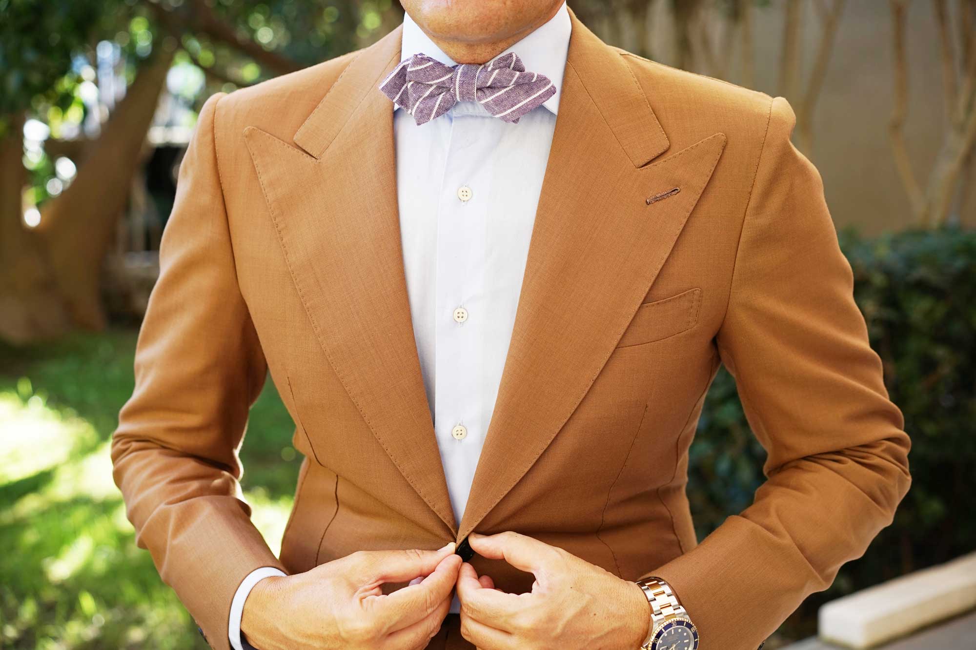 Tyrian Linen Purple Pinstripe Diamond Bow Tie - Image 3