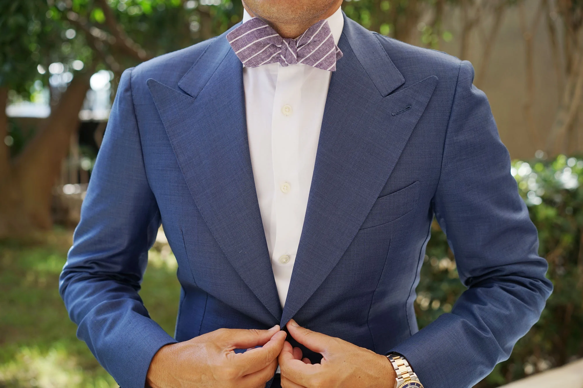 Tyrian Linen Purple Pinstripe Diamond Self Bow Tie - Image 4