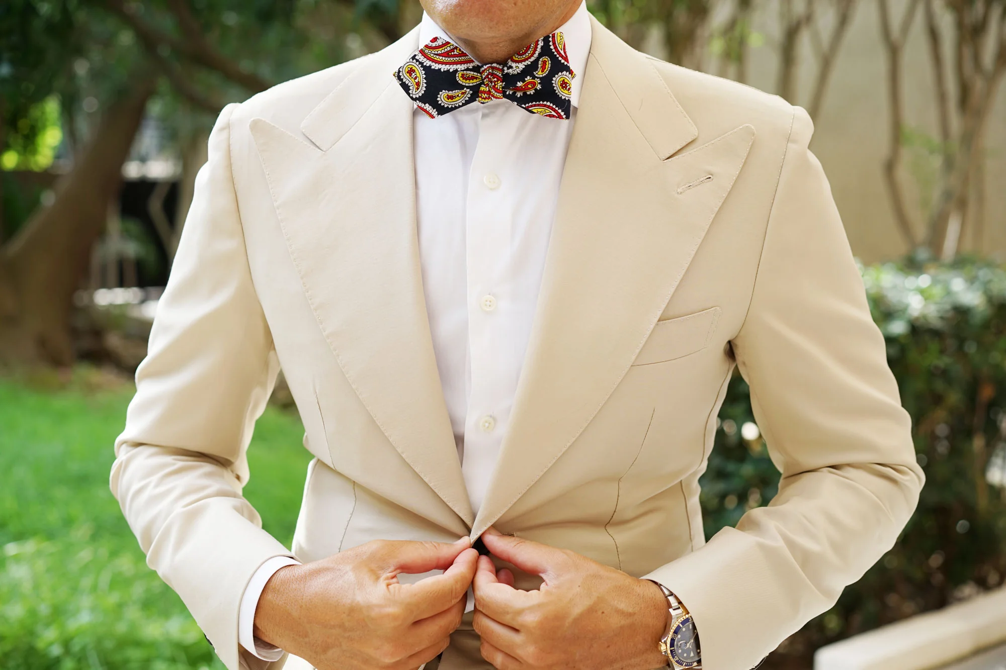 Vulcano Red & Yellow Paisley Diamond Self Bow Tie - Image 4