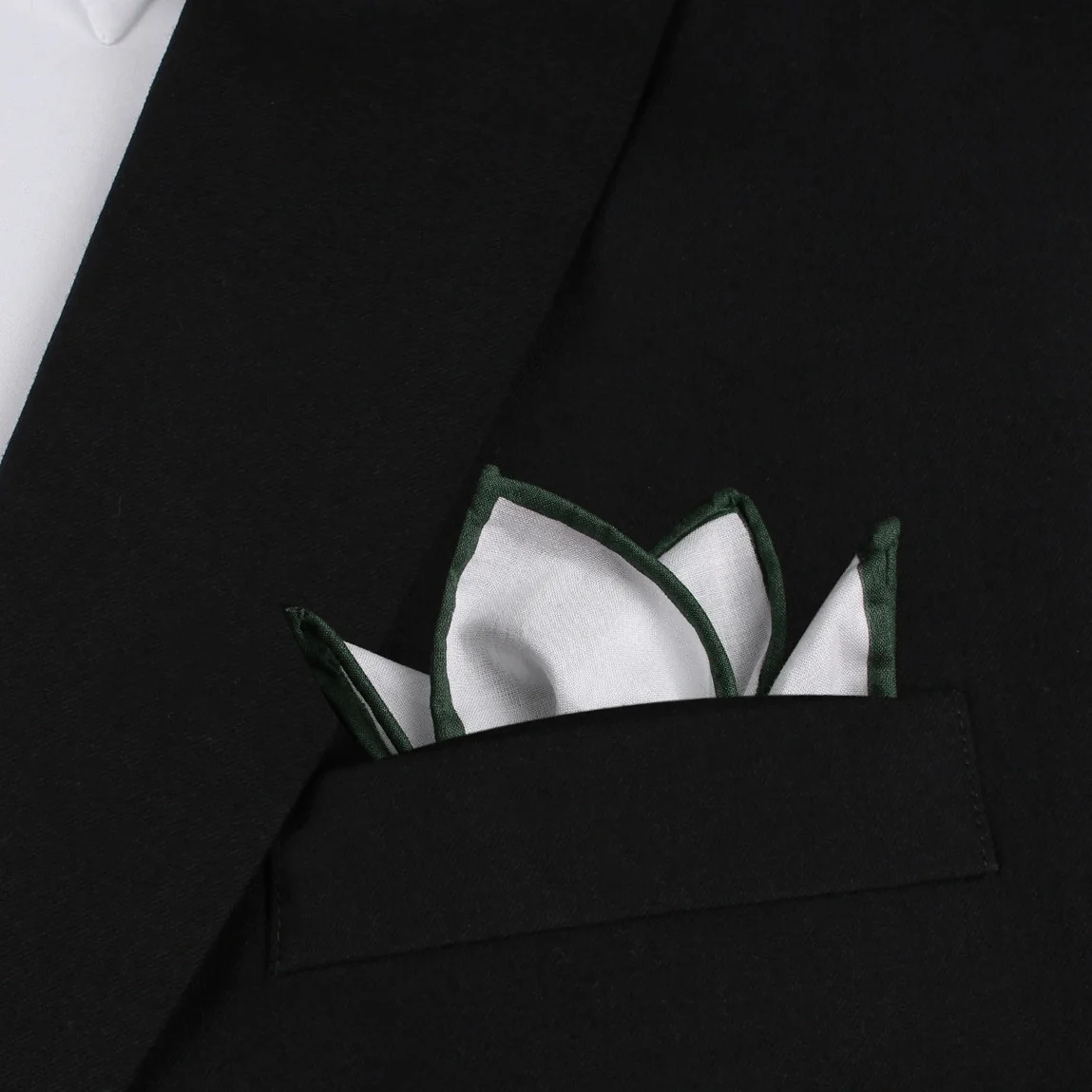 White Cotton Pocket Square with Dark Green Border - Image 2
