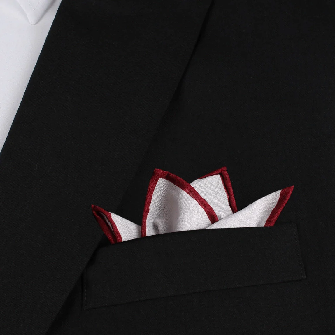 White Cotton Pocket Square with Maroon Border - Image 2