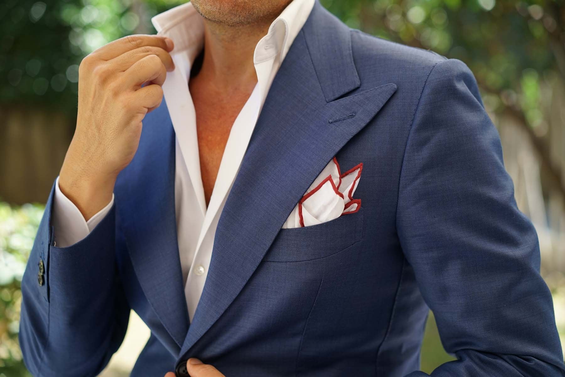 White Cotton Pocket Square with Maroon Border - Image 6