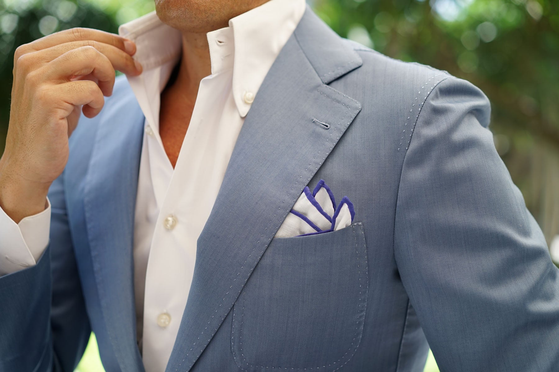 White Cotton Pocket Square with Purple Border - Image 10